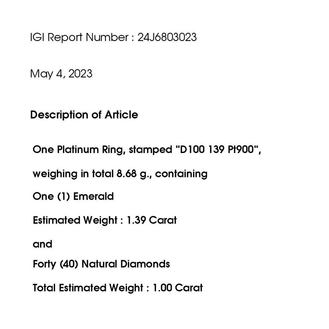 IGI Certified 1.39ct Colombia Emerald and 1.00ct Natural Diamond Platinum Ring 3