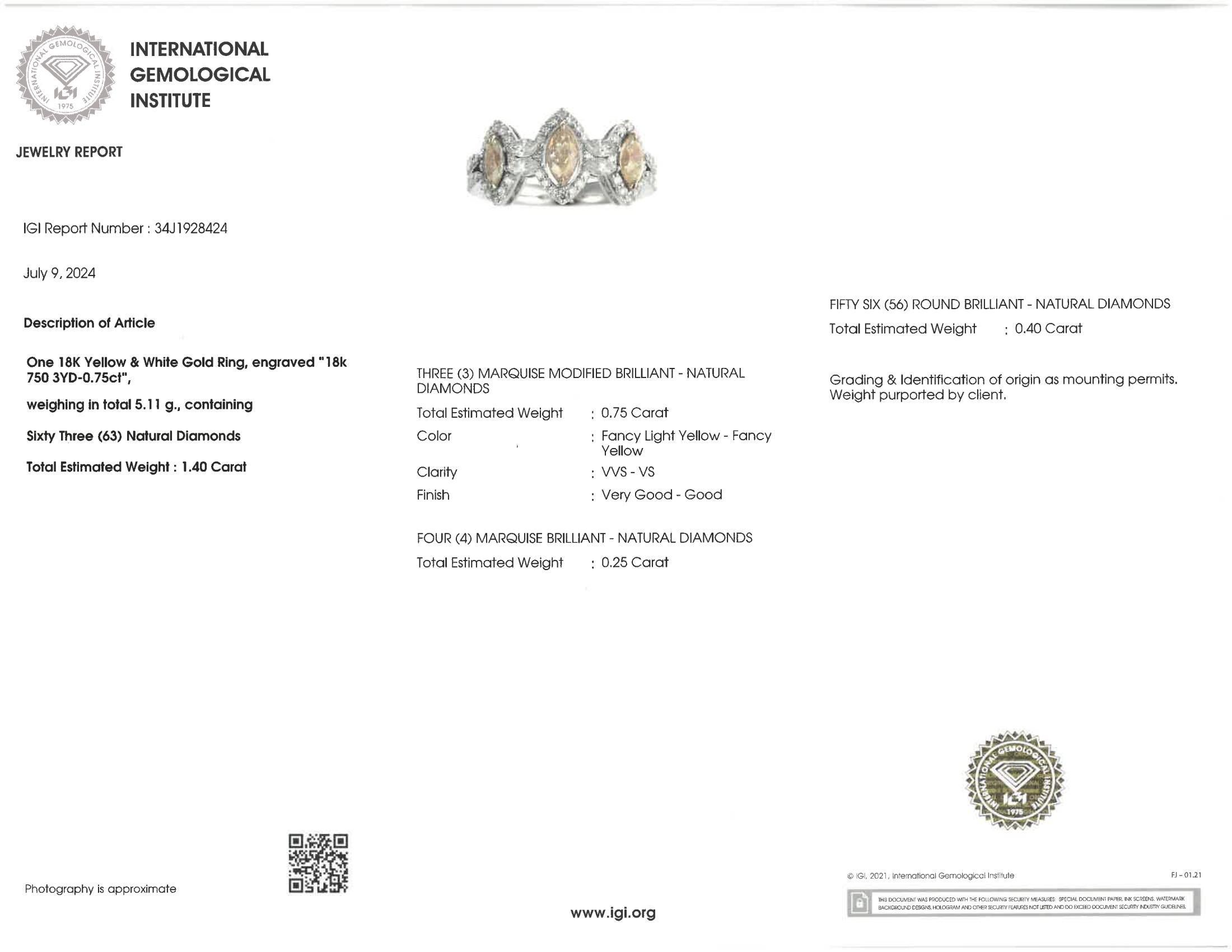 Contemporary IGI Certified 1.4 Carat Yellow Diamond Rings in 18K White Gold For Sale