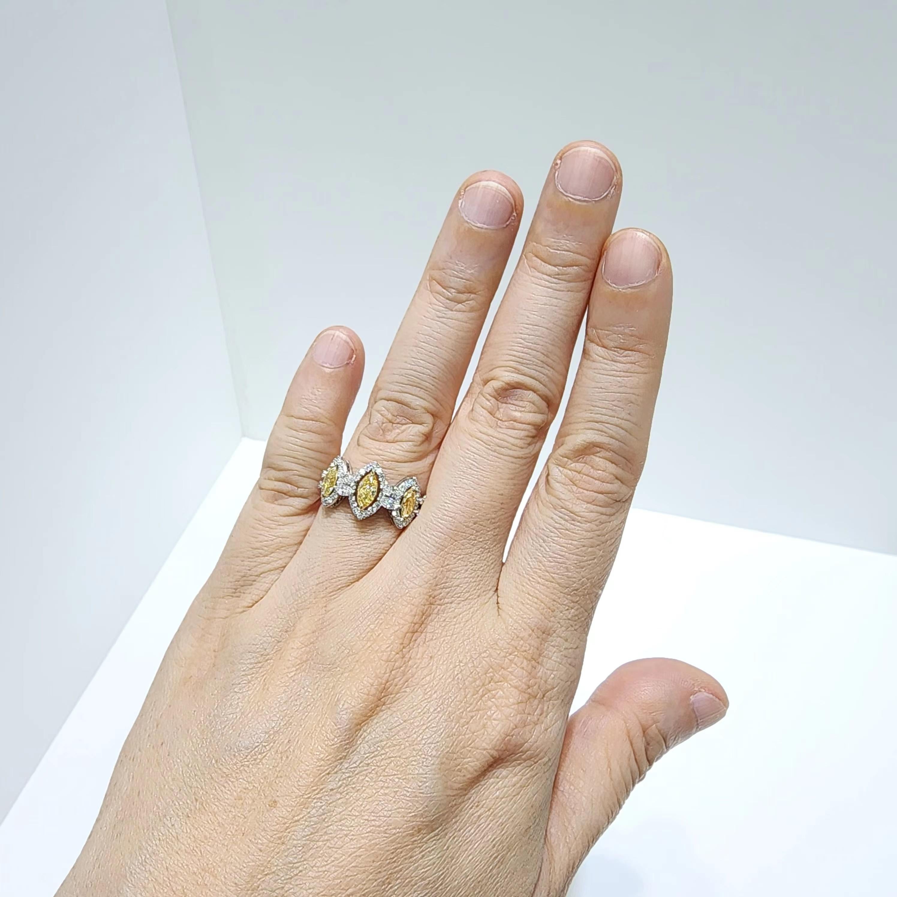 Marquise Cut IGI Certified 1.4 Carat Yellow Diamond Rings in 18K White Gold For Sale