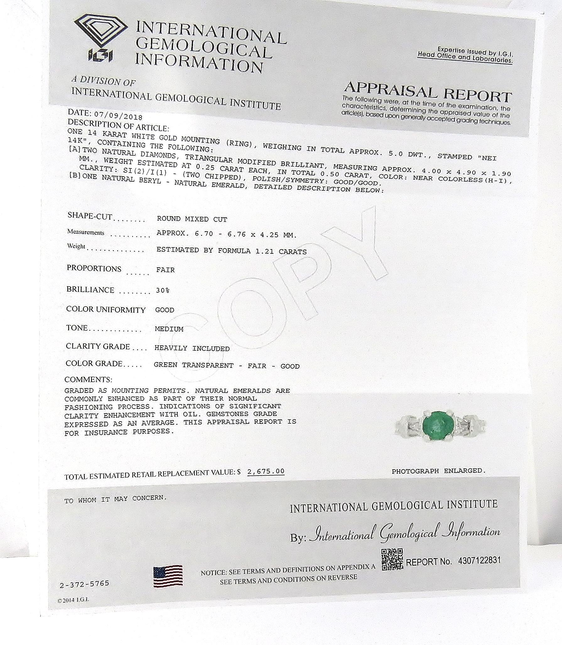 IGI-zertifizierter Ring aus 14 Karat Weißgold mit natürlichem Smaragd und Diamant im Angebot 2