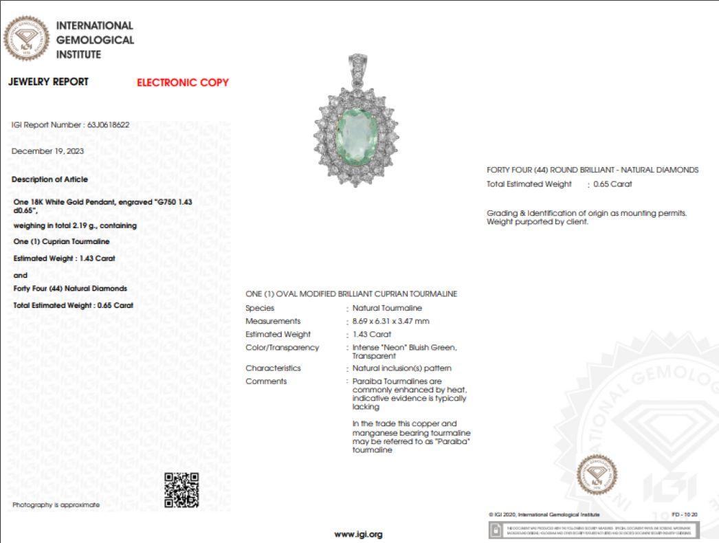 Moderne Paraiba et diamant certifiés IGI de 1,43 carat en or blanc 18 carats en vente