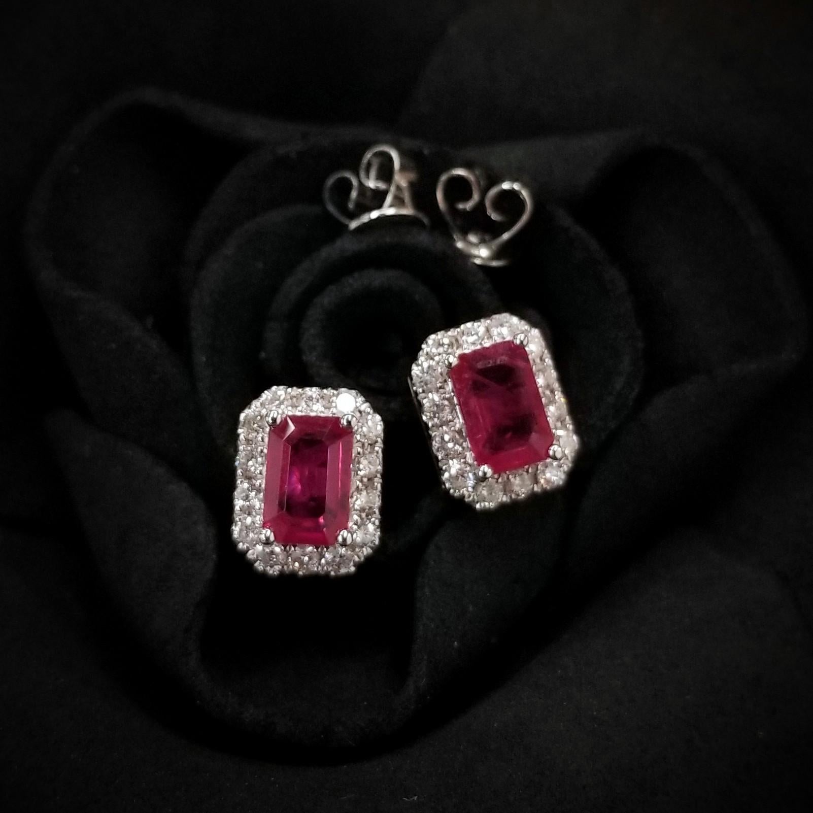 Women's or Men's IGI Certified 1.44 Carat Ruby & 0.32 Carat Diamond Earrings in 18K White Gold For Sale
