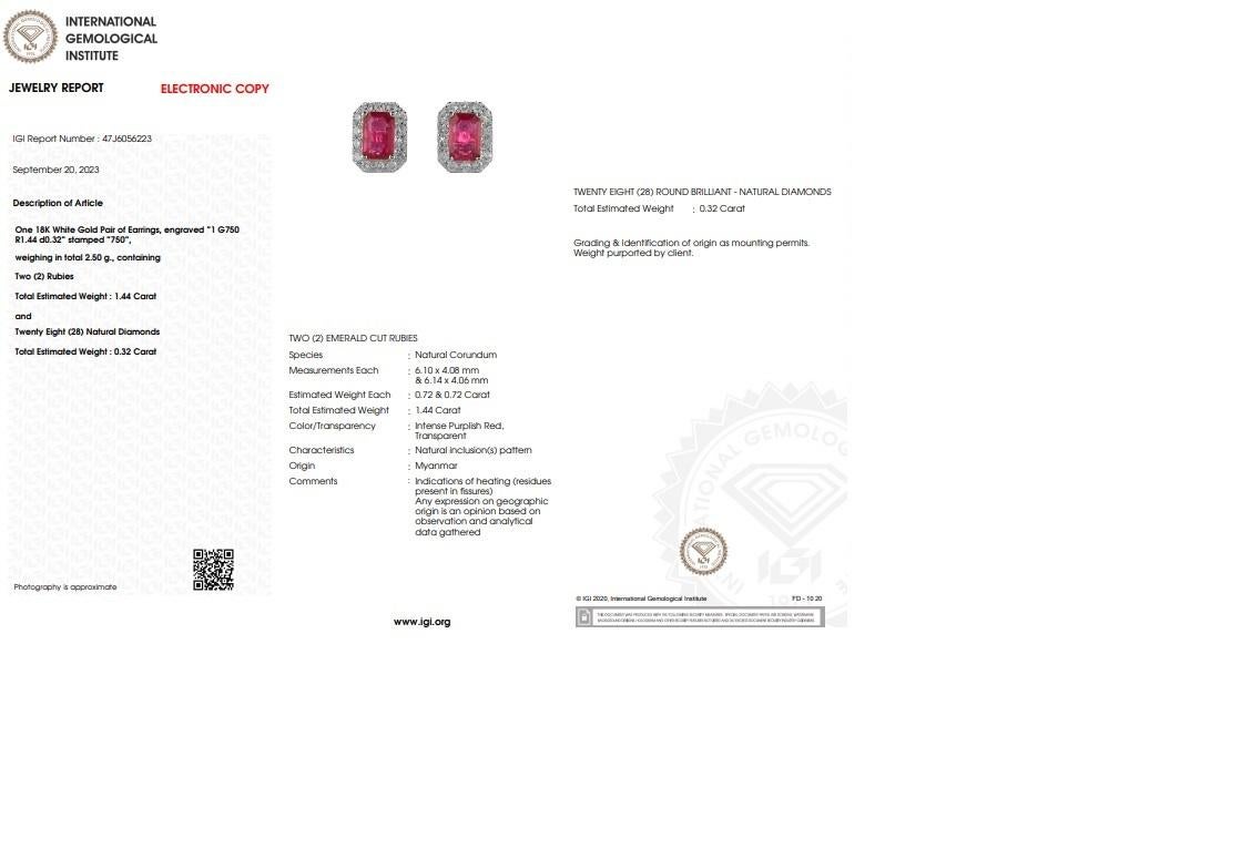 IGI Certified 1.44 Carat Ruby & 0.32 Carat Diamond Earrings in 18K White Gold For Sale 1