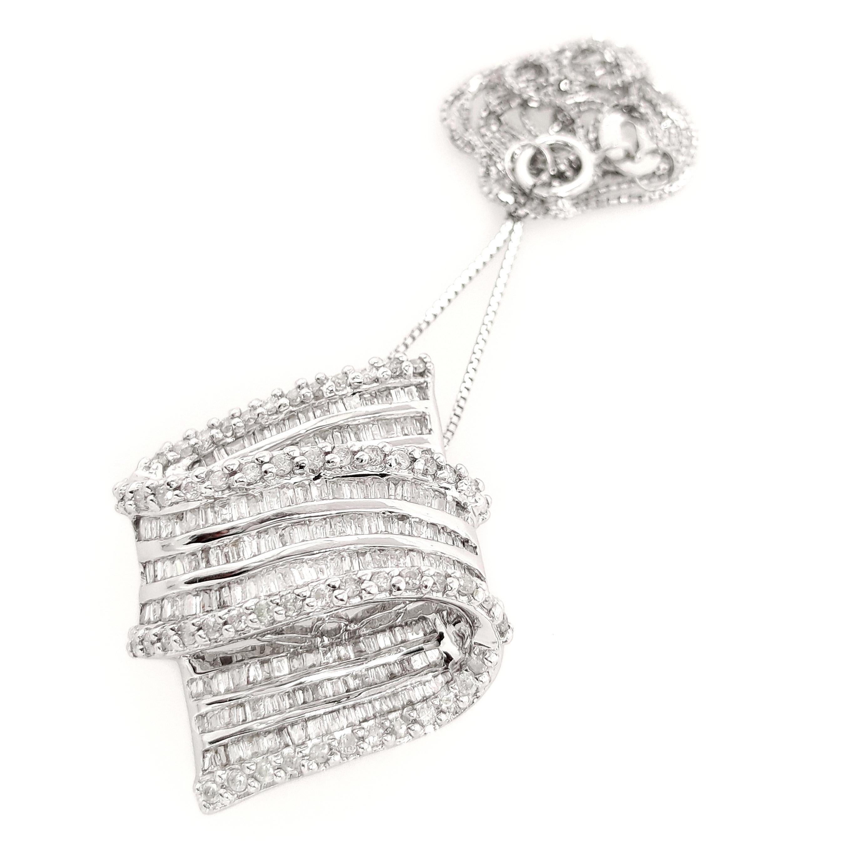 This stunning 18K white gold pendant necklace, weighing 8.65 grams and featuring approximately 1.45 carats of 290 natural sparkling diamonds in mixed cuts, comes with an IGI report. The necklace measures 40 cm in length, with a pendant sized 28 mm X