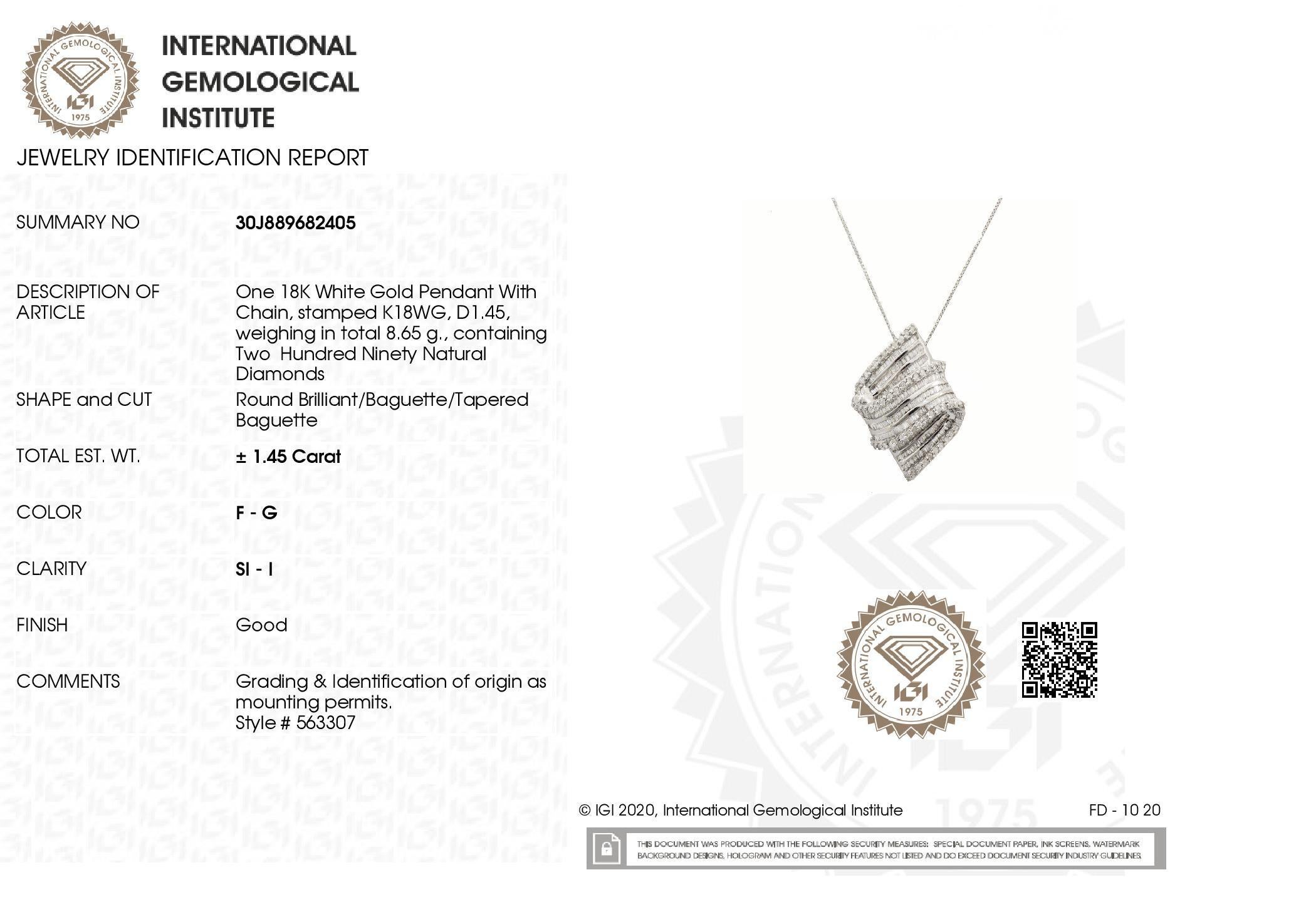 IGI Certified 1.45ct Natural Diamonds 18K White Gold Necklace In New Condition In Hong Kong, HK