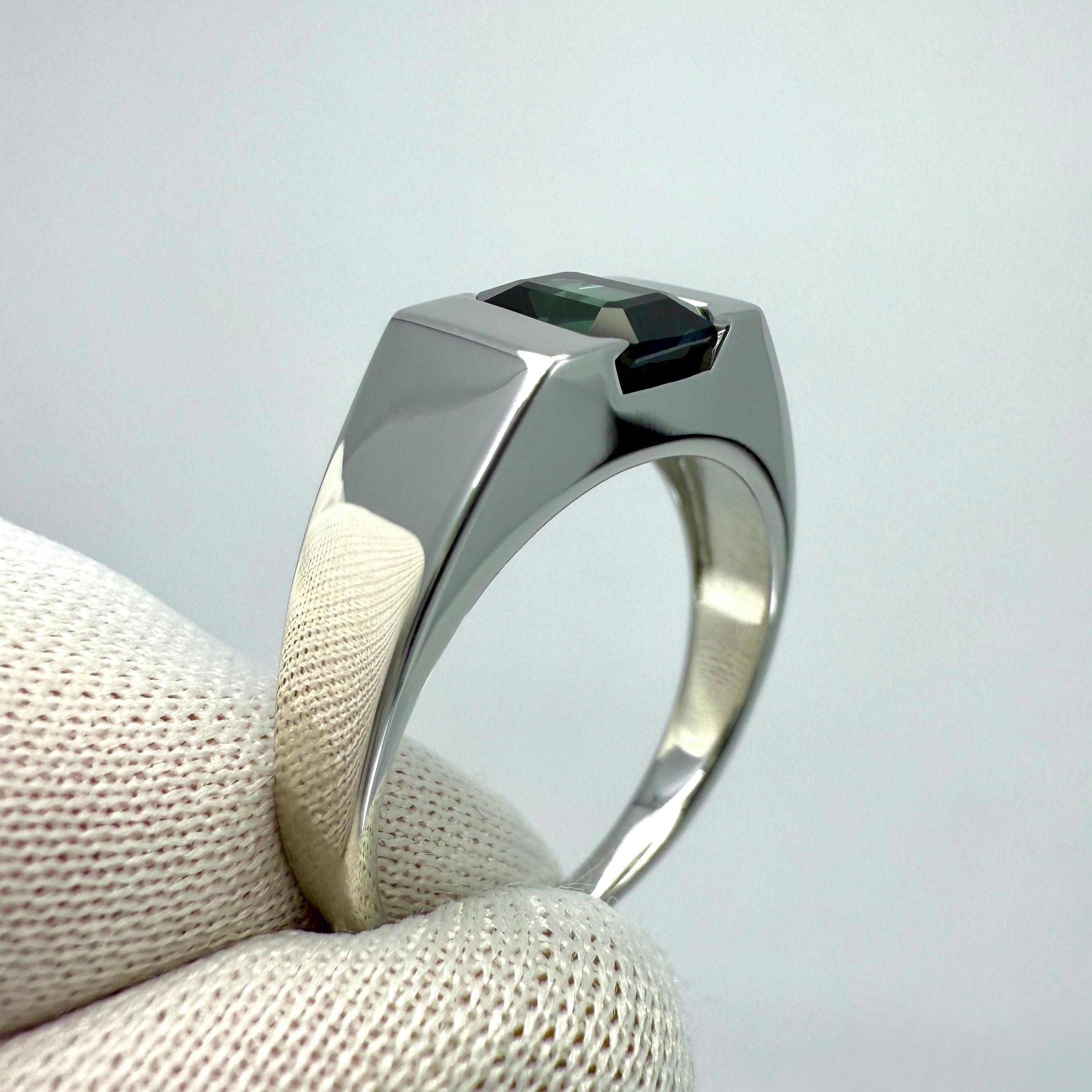 IGI Certified 1.48ct Blue Green No Heat Sapphire Fancy Platinum Signet Band Ring For Sale 5