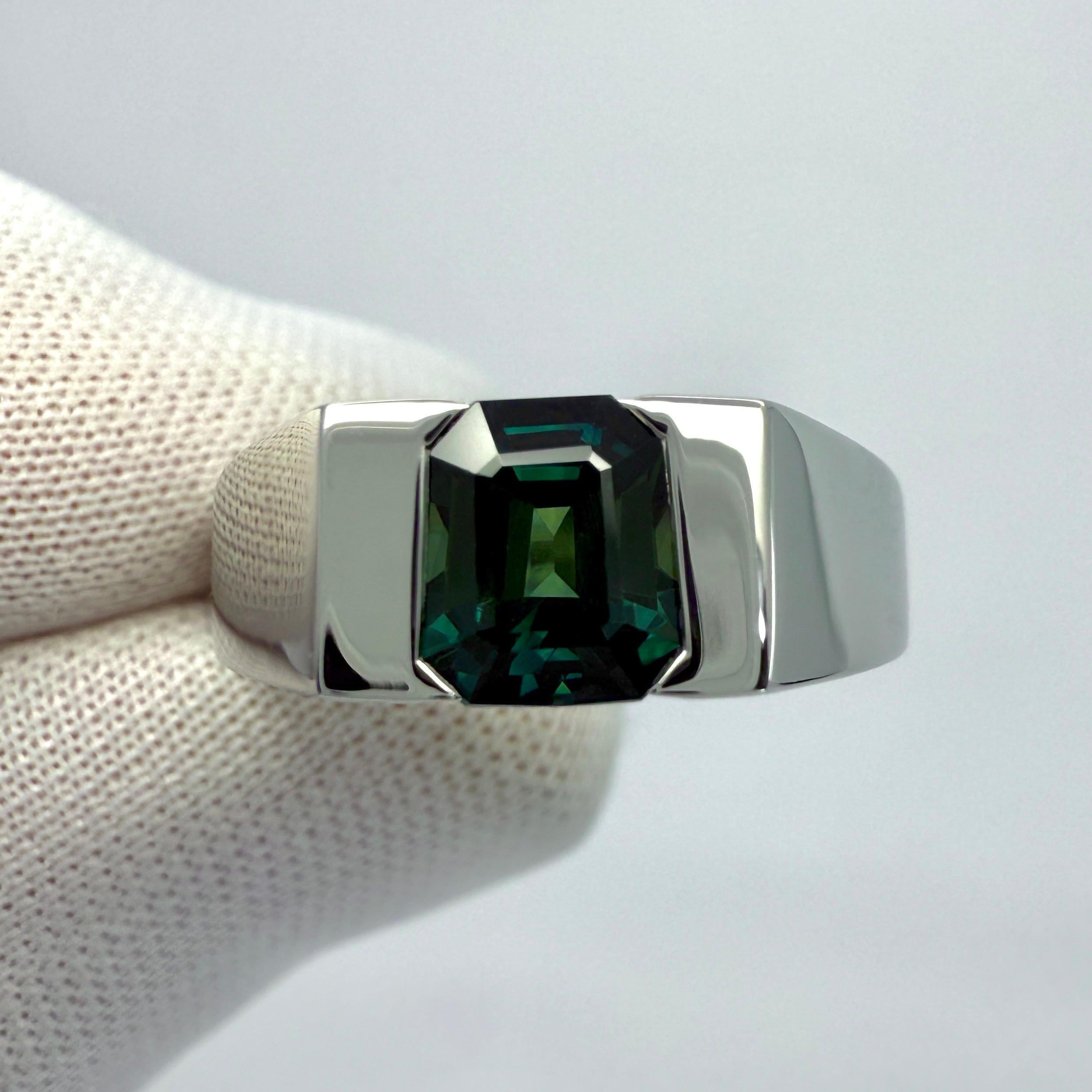 IGI Certified Unique Natural Blue Green Untreated Sapphire Platinum Solitaire Signet Band Ring.

Unique 1.48 Carat Australian sapphire with a stunning green blue colour.
Also has excellent clarity, very clean stone. The sapphire also has a unique