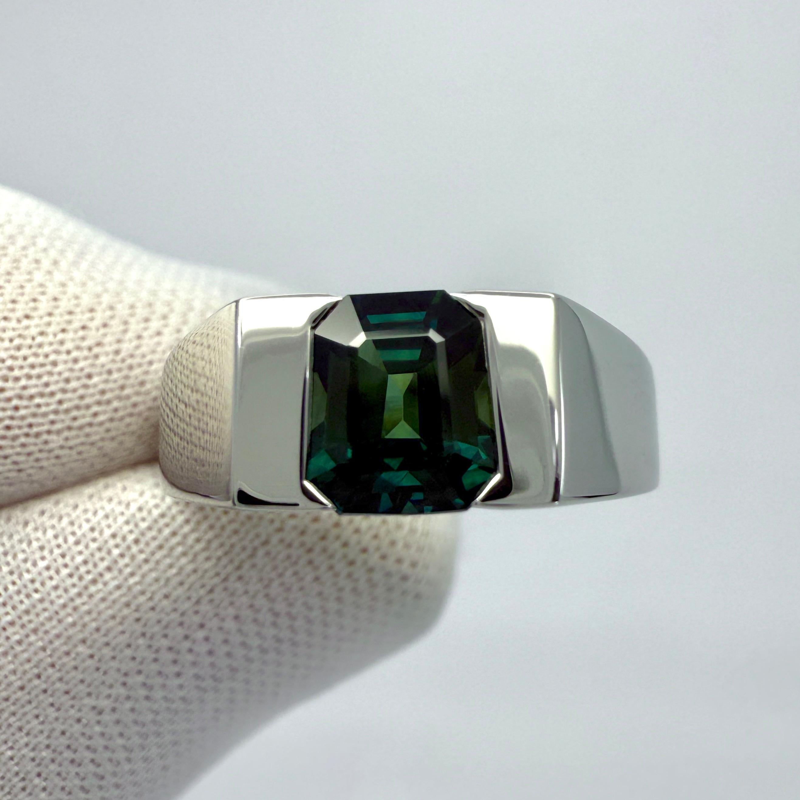IGI Certified 1.48ct Blue Green No Heat Sapphire Fancy Platinum Signet Band Ring In New Condition For Sale In Birmingham, GB