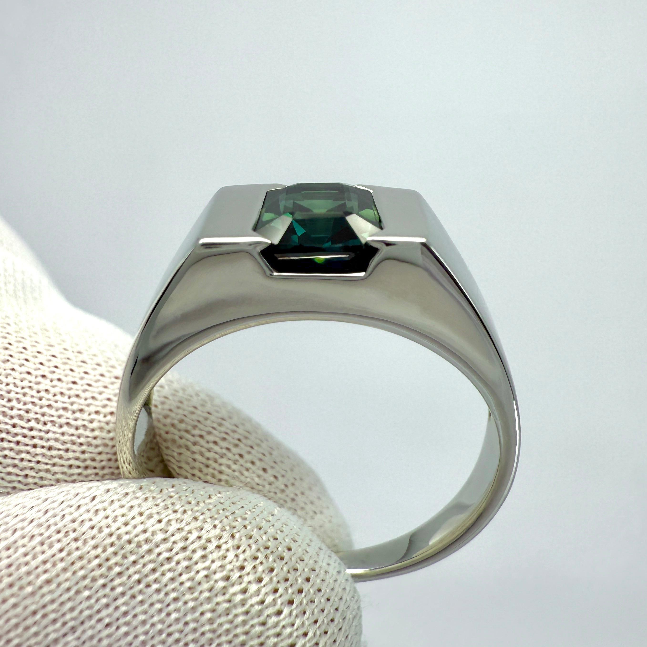 Women's or Men's IGI Certified 1.48ct Blue Green No Heat Sapphire Fancy Platinum Signet Band Ring For Sale