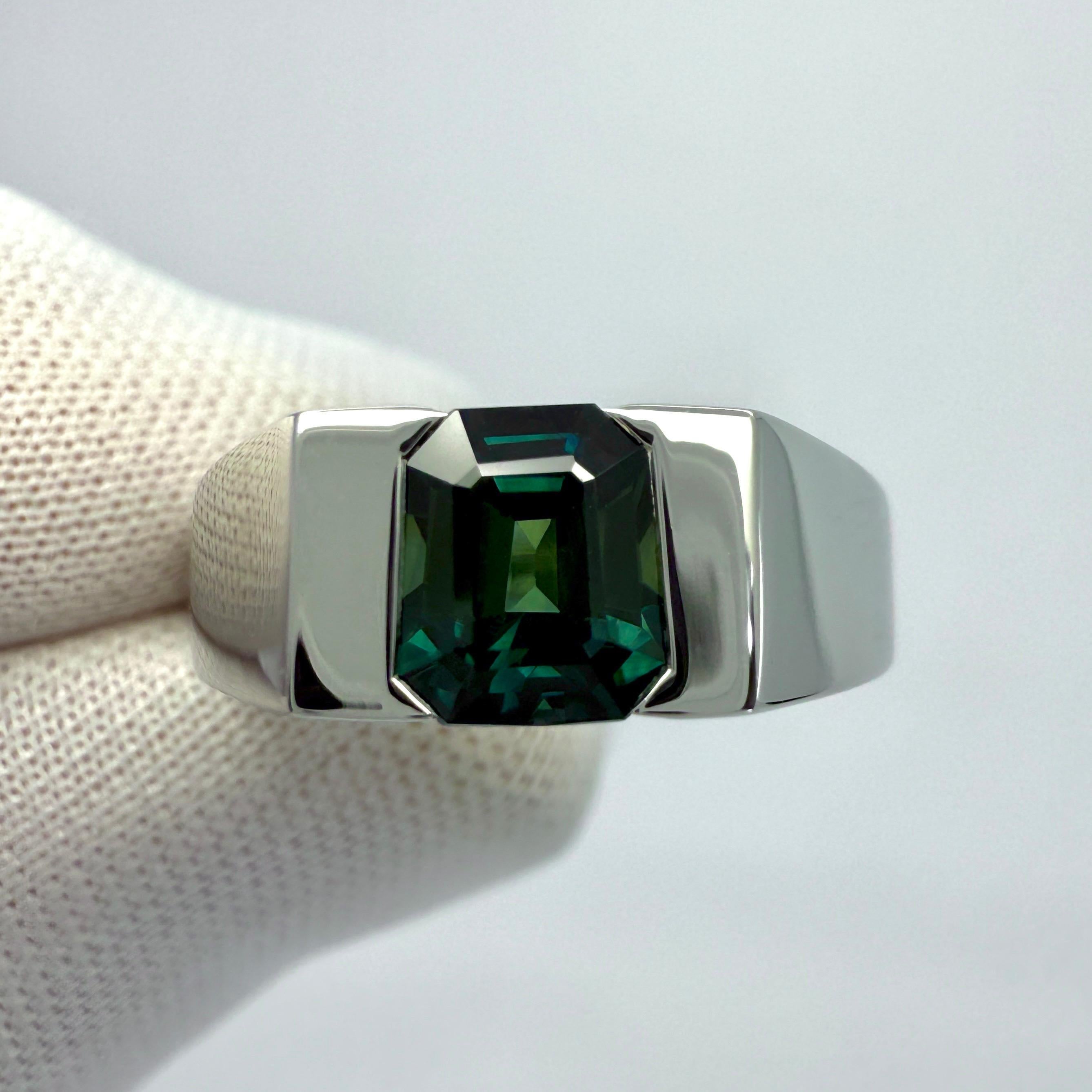 IGI Certified 1.48ct Blue Green No Heat Sapphire Fancy Platinum Signet Band Ring For Sale 1