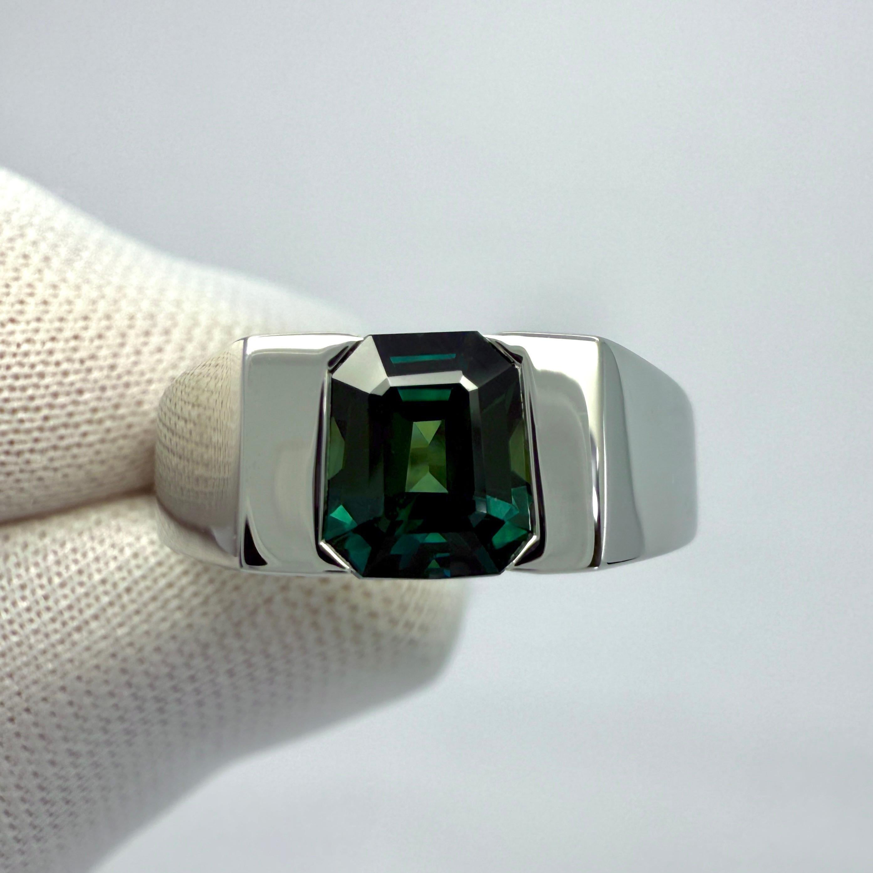 IGI Certified 1.48ct Blue Green No Heat Sapphire Fancy Platinum Signet Band Ring For Sale 3