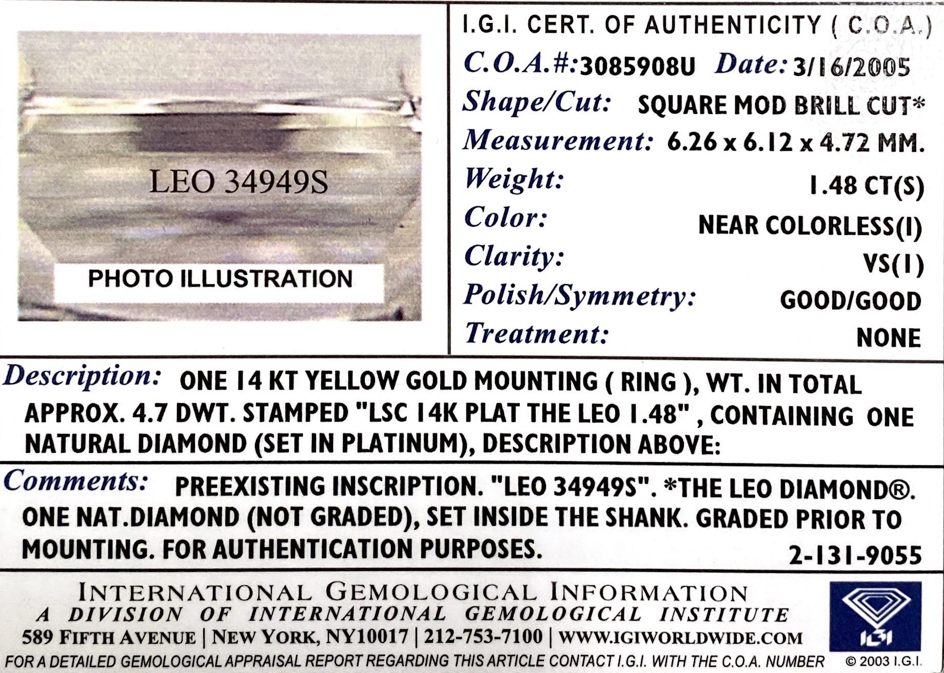 IGI Certified 1.48 Carat I VS1 Princess Cut 18 Karat White Gold Diamond Ring 9