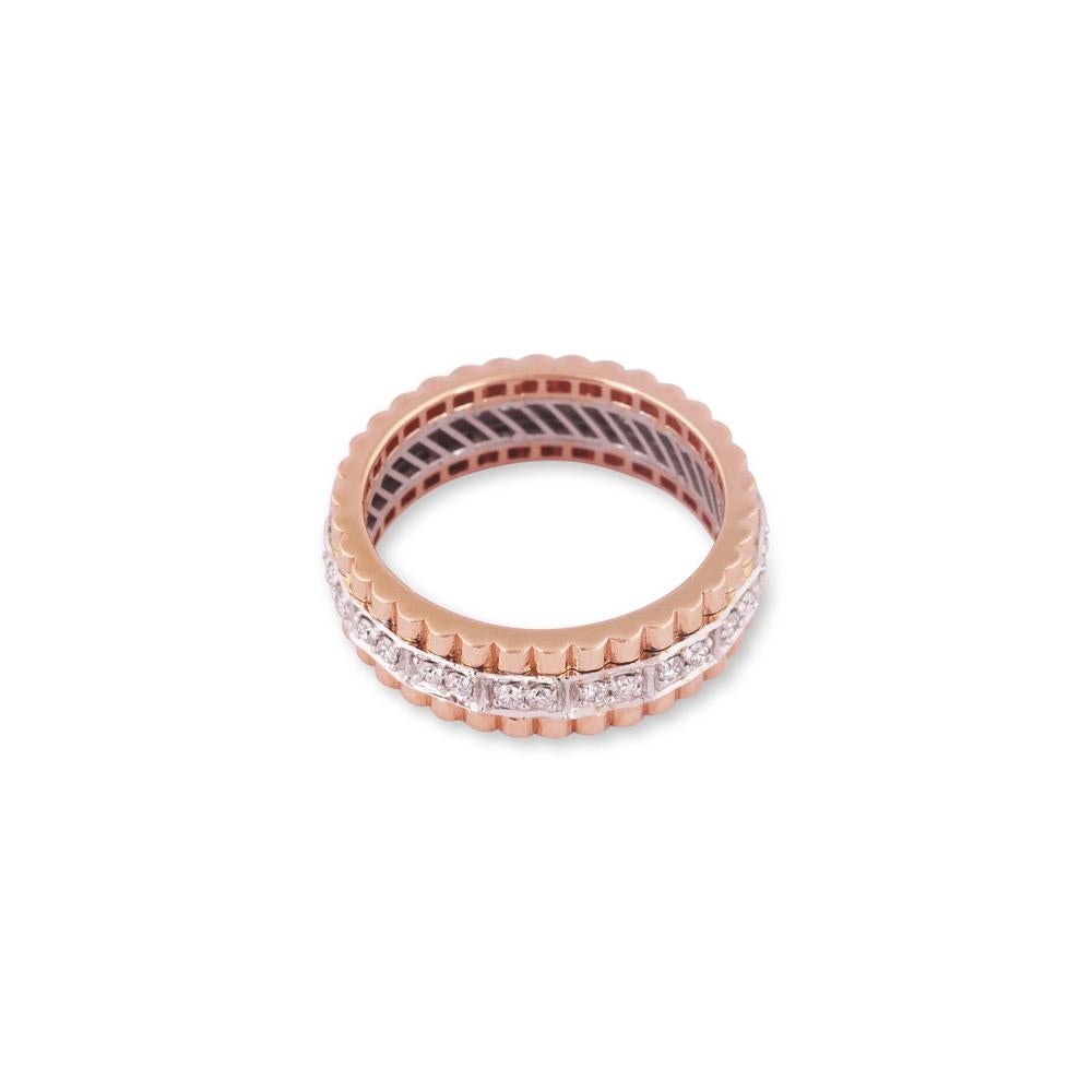 Crafted in 3.78 grams of 14-karat Rose Gold, The Swalope Band Ring contains 32 Stones of Round Diamonds with a total of 0.29-Carats in F-G Color and VVS-VS Clarity.

CONTEMPORARY AND TIMELESS ESSENCE: Crafted in 14-karat/18-karat with 100% natural