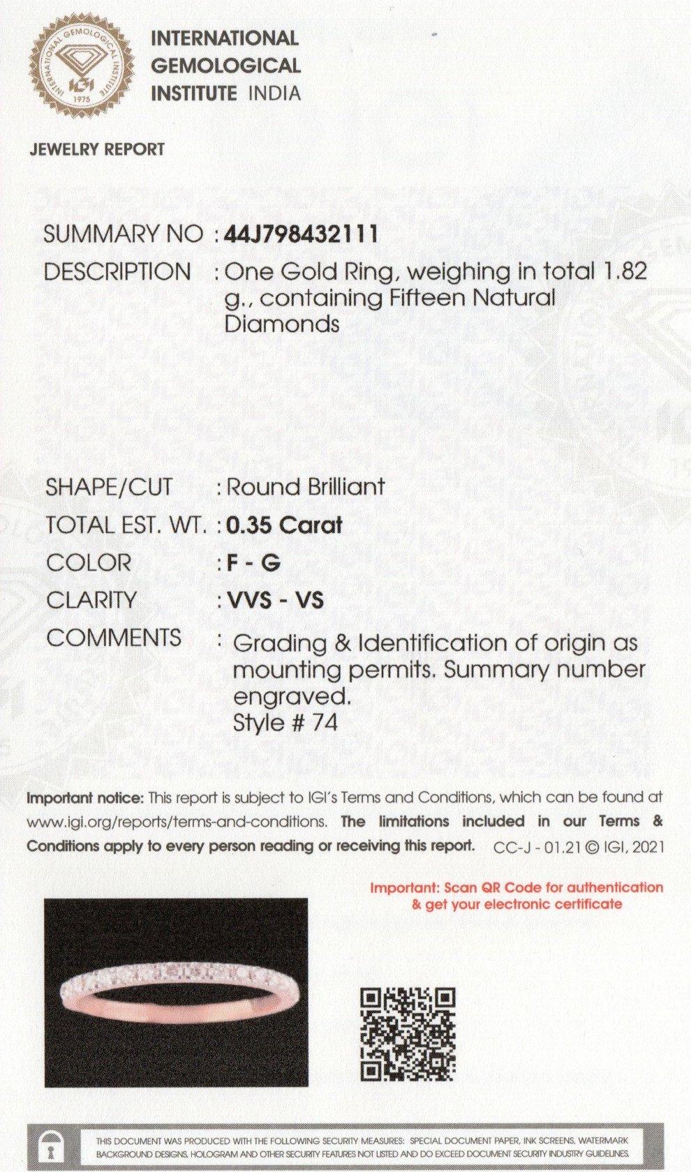 Brilliant Cut IGI Certified 14k Gold 0.4 Carat Natural Diamond F-VVS Rose Thin Band Ring For Sale