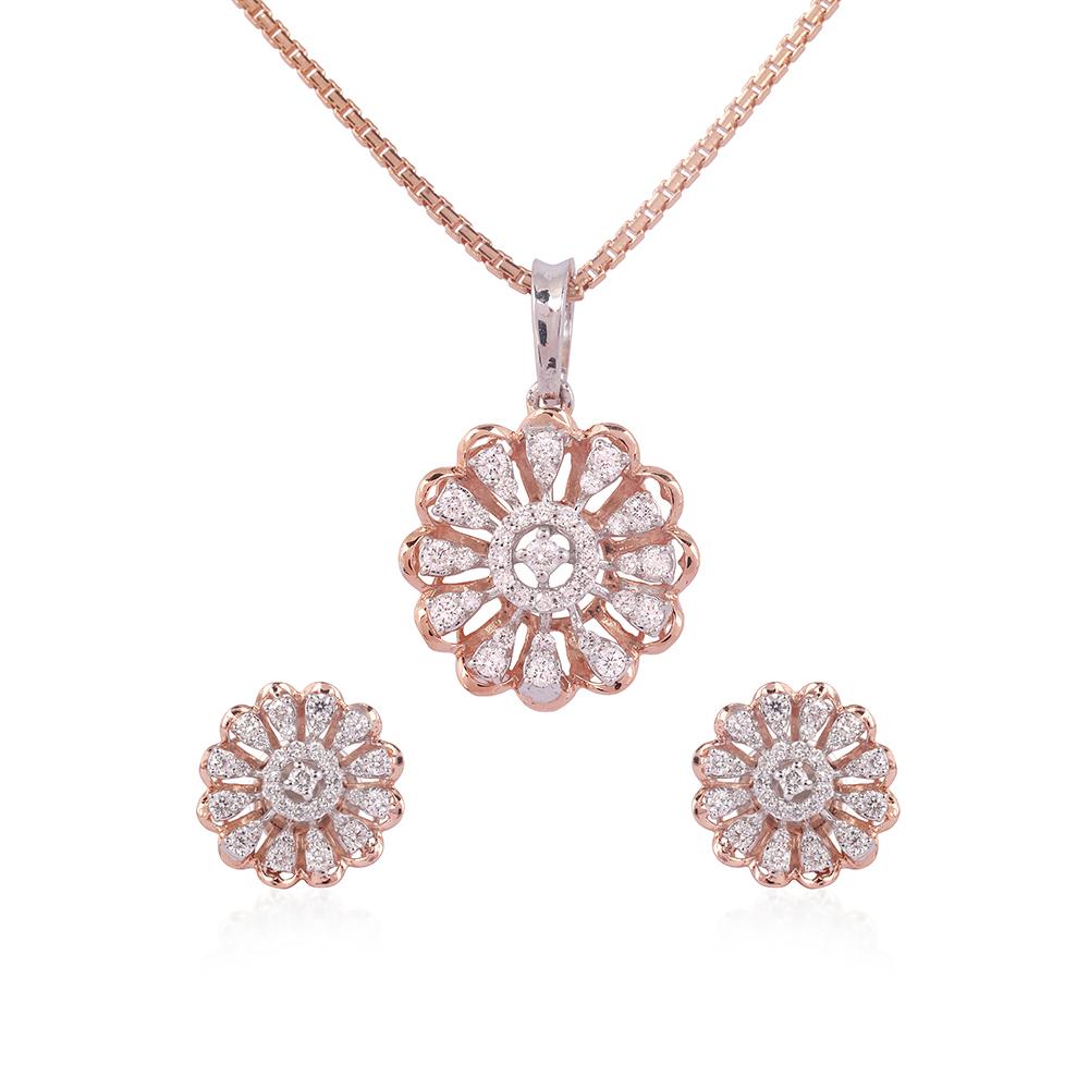 Crafted in 5.01 grams of 14-karat Rose Gold, The Pomorphic Necklace and Earrings Jewelry Set contains 110 Stones of Round Diamonds with a total of 0.78-Carats in G-H Color and VS-SI Clarity. This style does not include chain.
 
CONTEMPORARY AND