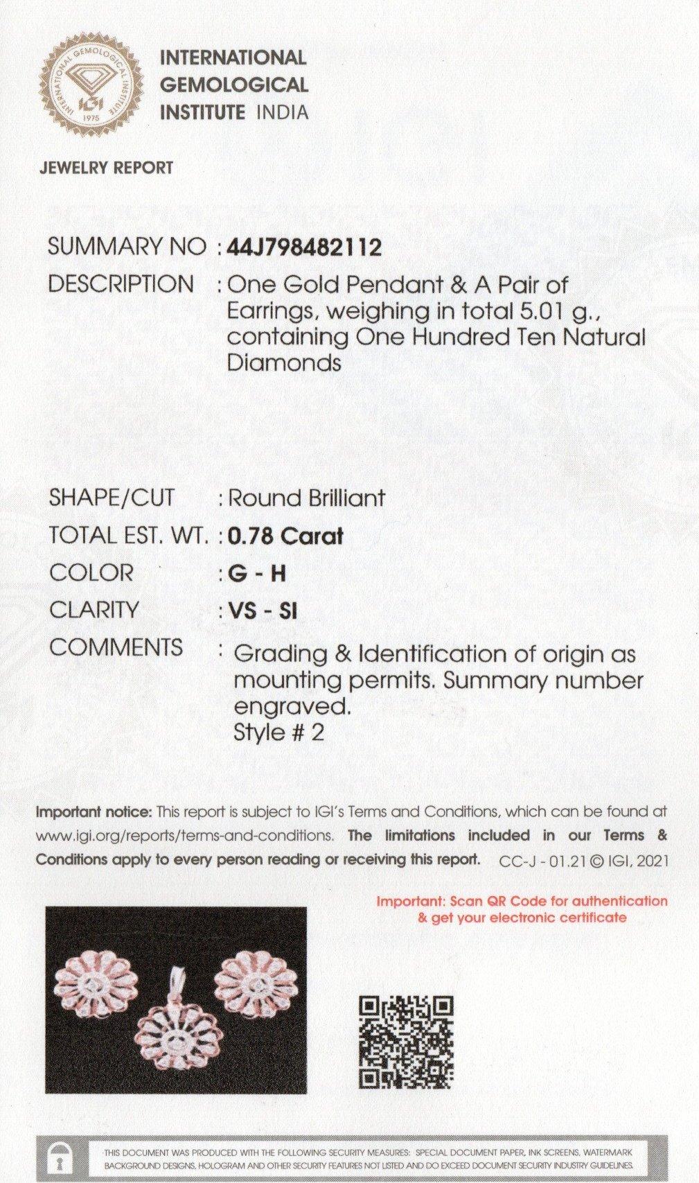 IGI Certified 14k Gold 0.8ct Natural Diamond G-VS Flower Pendant Earrings Set For Sale 1