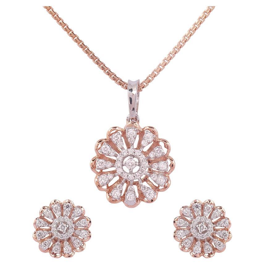 IGI Certified 14k Gold 0.8ct Natural Diamond G-VS Flower Pendant Earrings Set