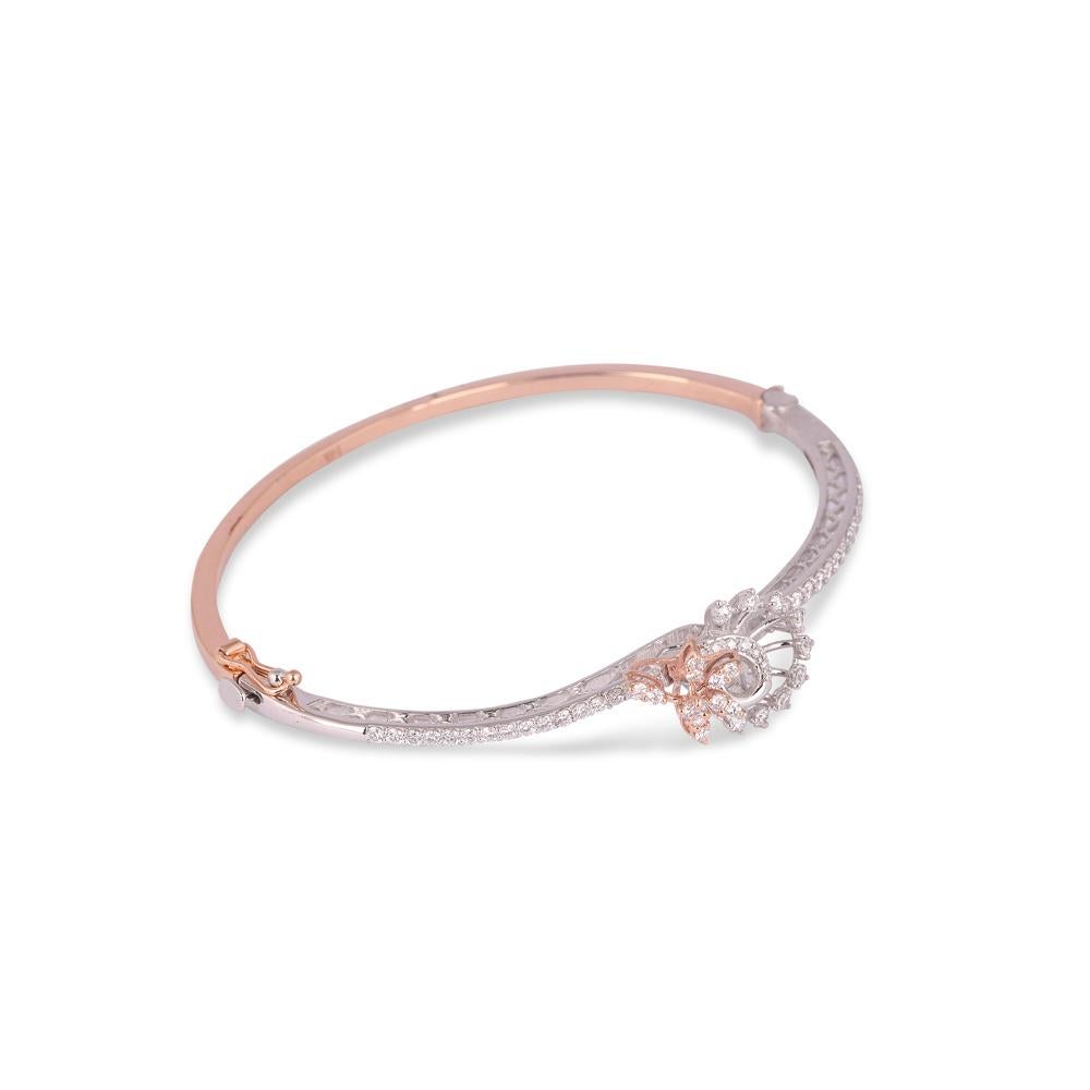 Crafted in 9.75 grams of 14-karat Rose Gold, contains 57 Stones of Round Diamonds with a total of 0.86-Carats in F-G Color and VS Clarity.

CONTEMPORARY AND TIMELESS ESSENCE: Crafted in 14-karat/18-karat with 100% natural diamond and designed with
