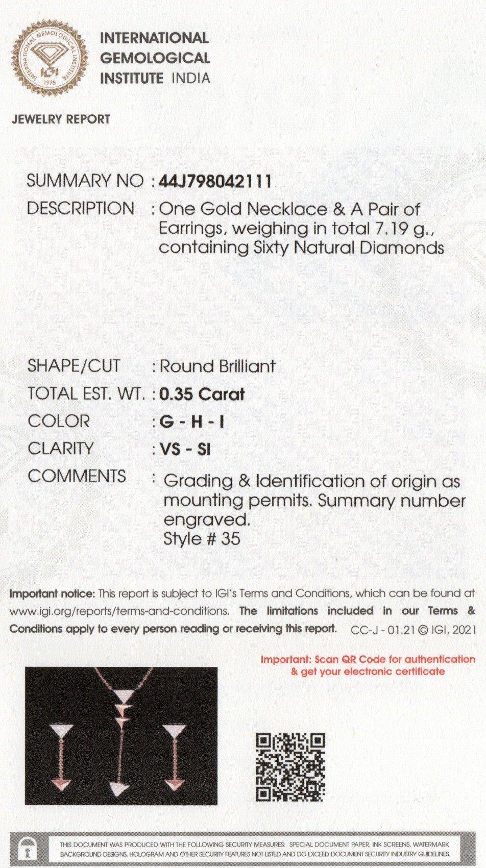Ensemble collier et boucles d'oreilles en or 14 carats avec triangle en diamants naturels G-VS certifiés IGI en vente 2