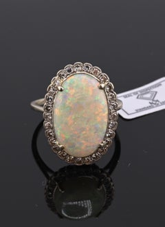 IGI Certified 14K Gold Natural Opal & Diamond Halo Ring Mid Century / Art Deco