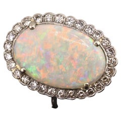 IGI Certified 14K Gold Natural Opal & Diamond Halo Ring Mid Century / Art Deco