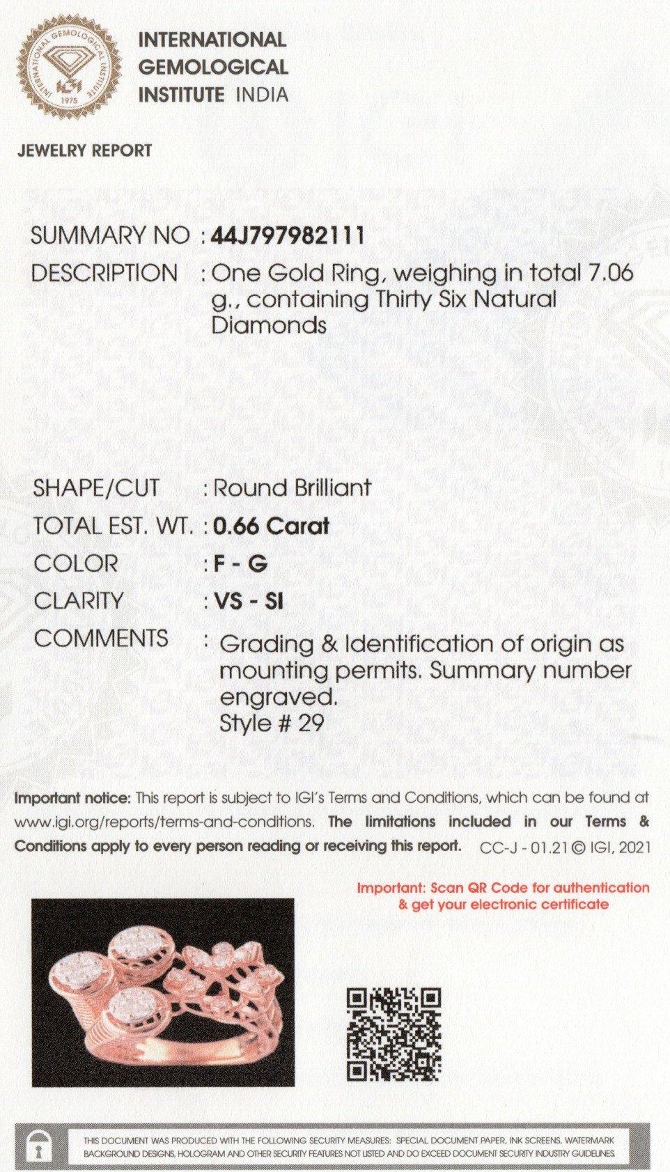 Brilliant Cut IGI Certified 14k Rose Gold 0.7ct Natural Diamond F-VS Designer Bold Ring For Sale