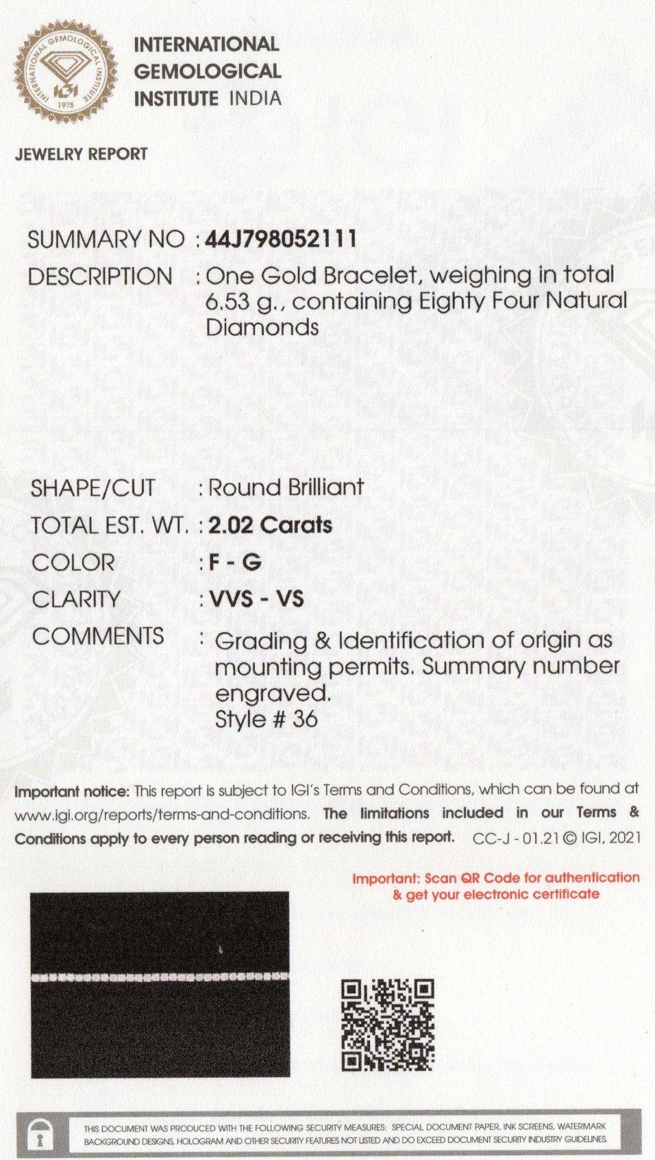 Brilliant Cut IGI Certified 14K Rose Gold 2ct Natural Diamond F-VVS Wedding Tennis Bracelet For Sale