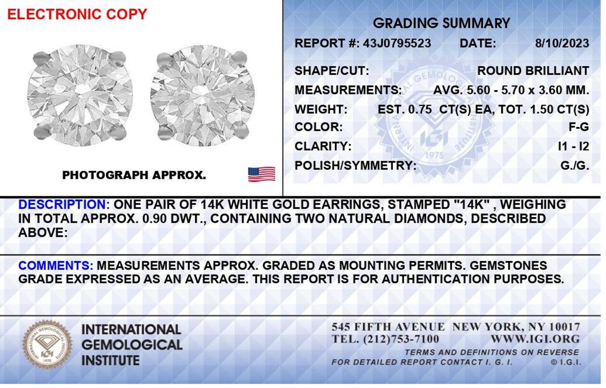 IGI-zertifizierte Solitär-Ohrstecker, 14K Weißgold 1 1/2 Karat runder Diamant Solitär Damen im Angebot