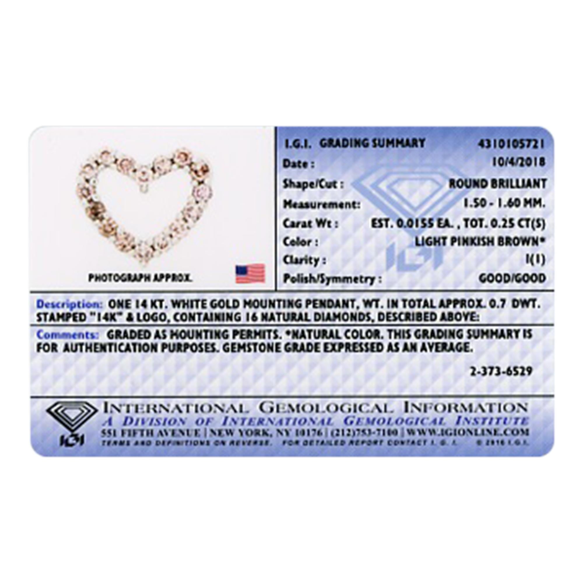 IGI zertifizierte 14 Karat Weißgold Herz-Halskette mit 1/4 Karat natürlichen rosa Diamanten Damen