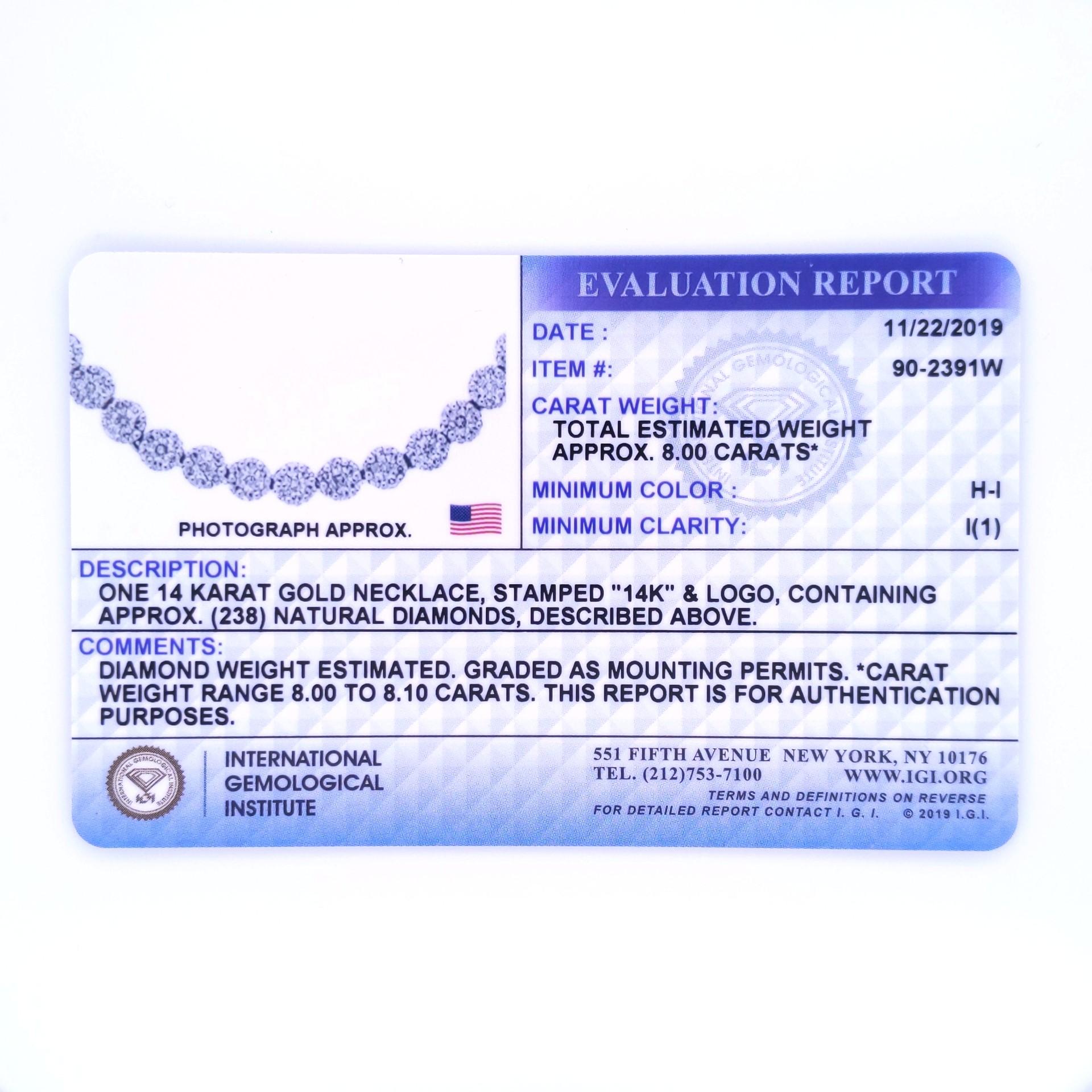 Women's IGI Certified 14K White Gold 8.0 Carat Diamond Riviera Statement Necklace For Sale
