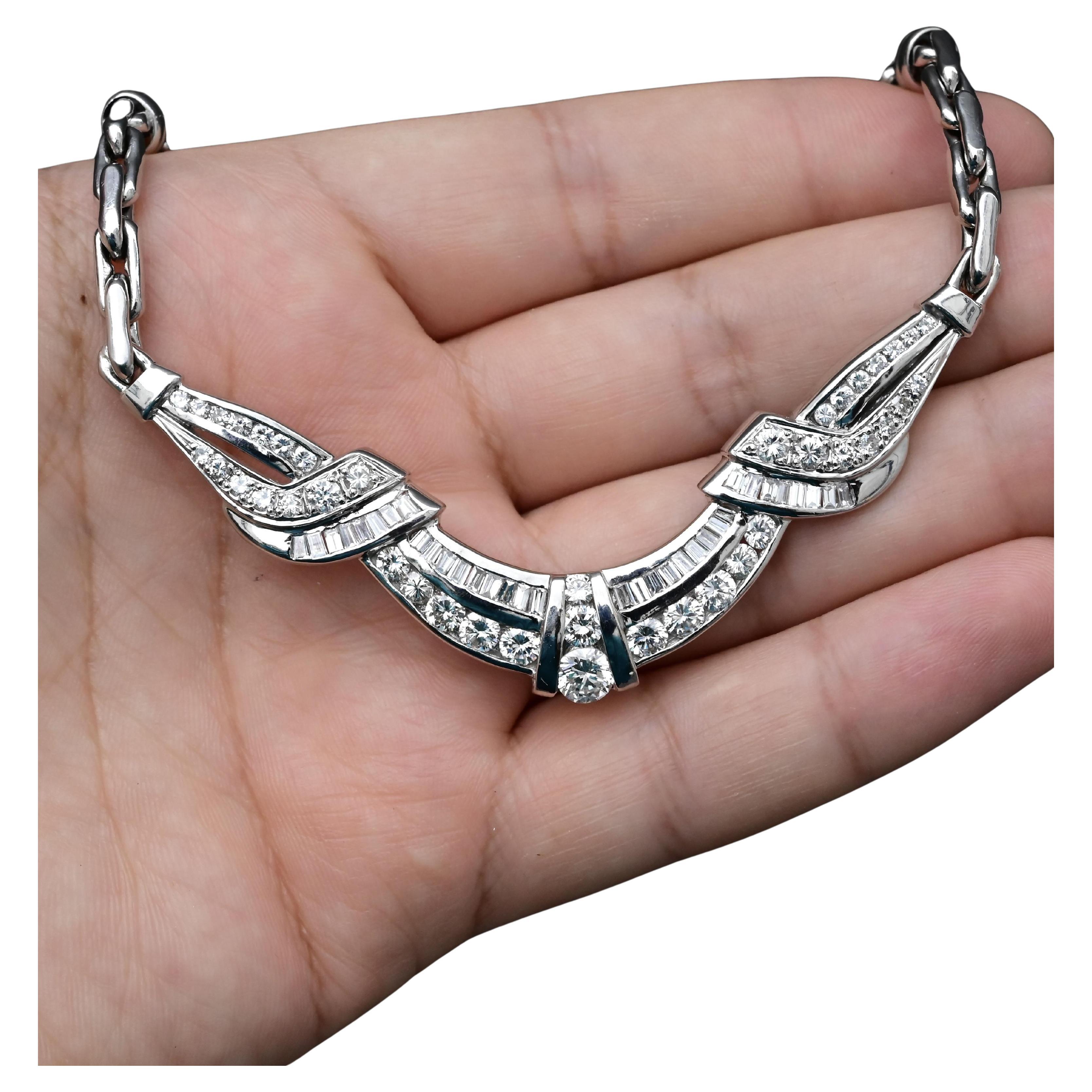IGI Certified 14K White Gold Diamond Necklace 5.25ct Total – 0.55ct Center + Rounds & Baguettes – 17.75