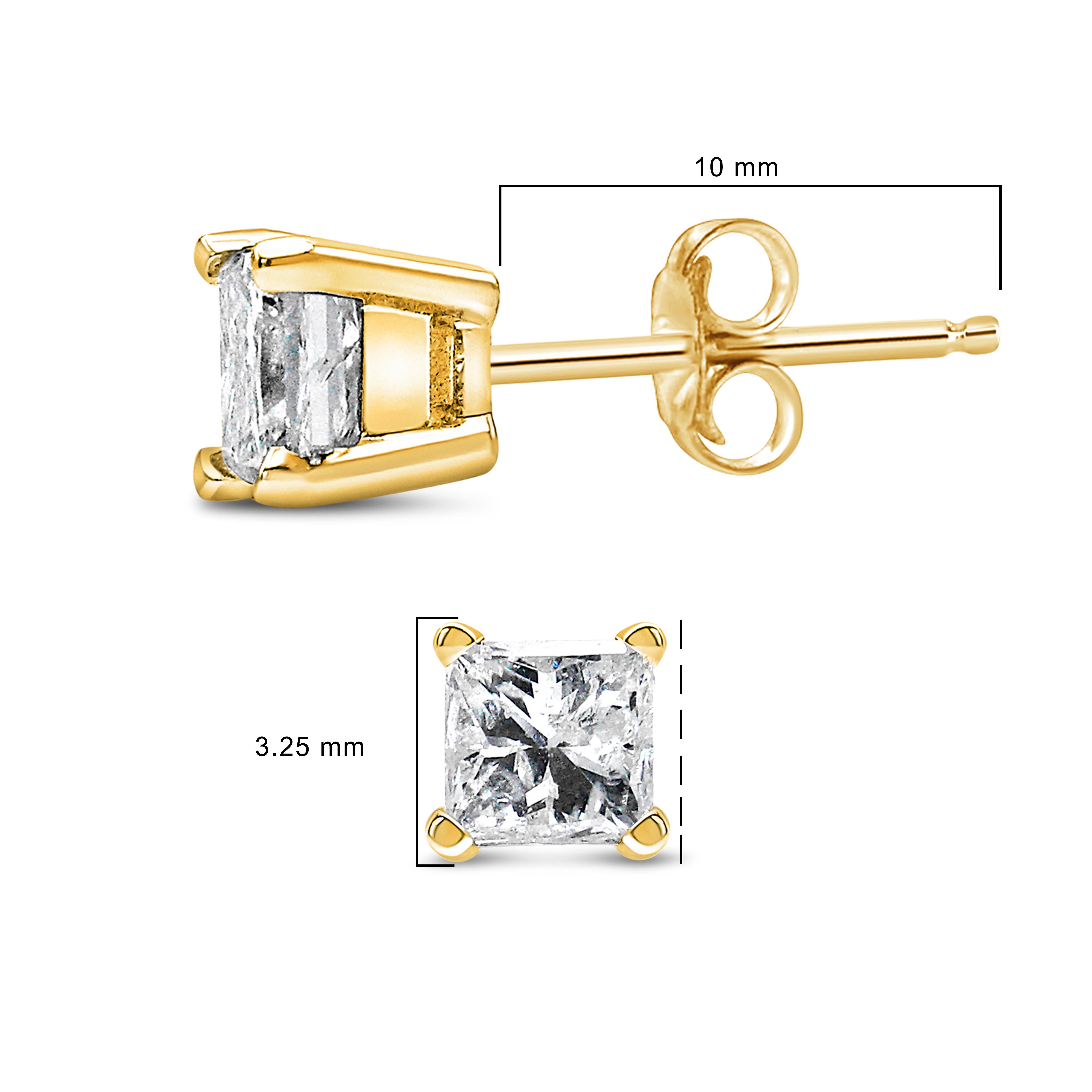 Princess Cut IGI Certified 14K Yellow Gold 1/2 Carat Solitaire Diamond Stud Earrings For Sale