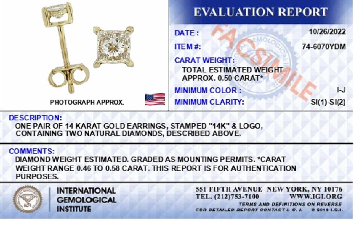 IGI Certified 14k Yellow Gold 1/2 Carat Square Diamond Solitaire Stud Earrings In New Condition For Sale In New York, NY