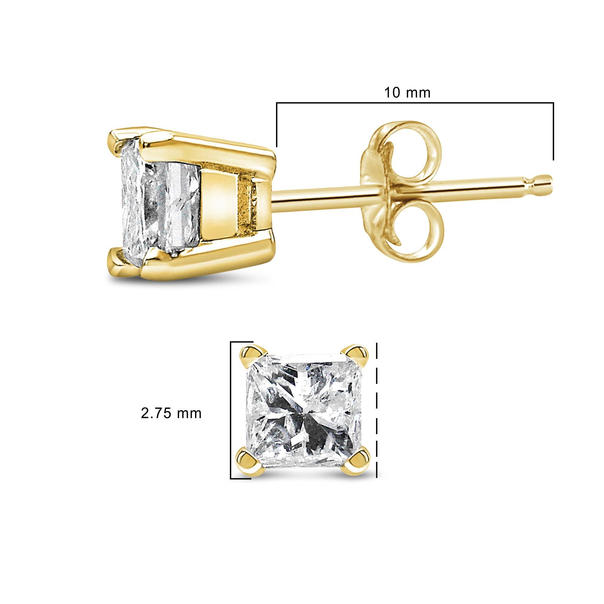IGI-zertifizierte Solitär-Ohrringe aus 14 Karat Gelbgold mit 1/4 Karat Diamanten im Prinzessinnenschliff (Carréschliff) im Angebot