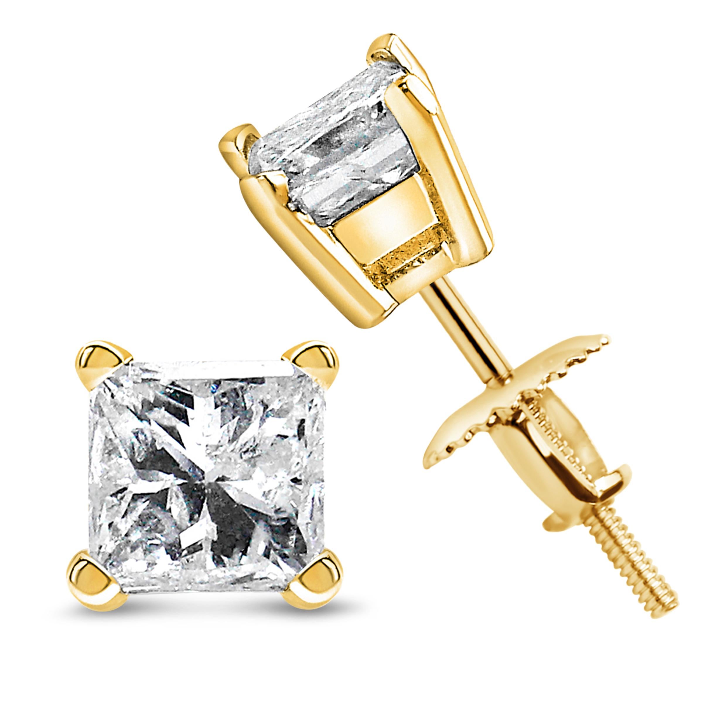 Modern IGI Certified 14K Yellow Gold 1.00 Cttw Square Diamond Solitaire Stud Earrings For Sale