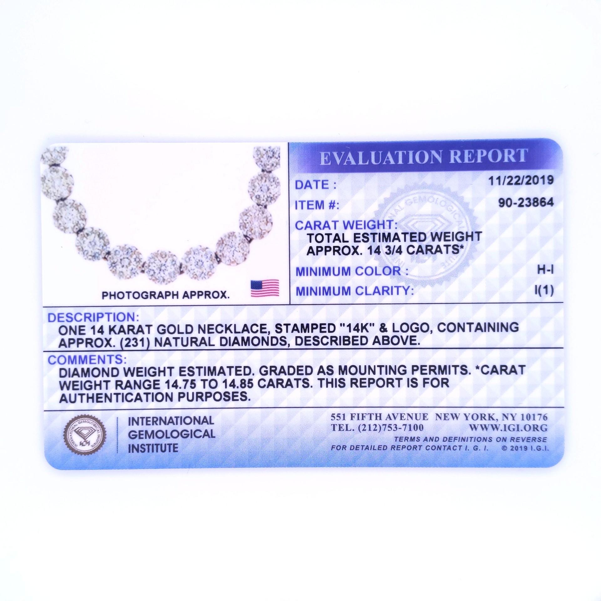 IGI Certified 14K Yellow Gold 14 3/4 Carat Pave Set Diamond Riviera Necklace For Sale 1