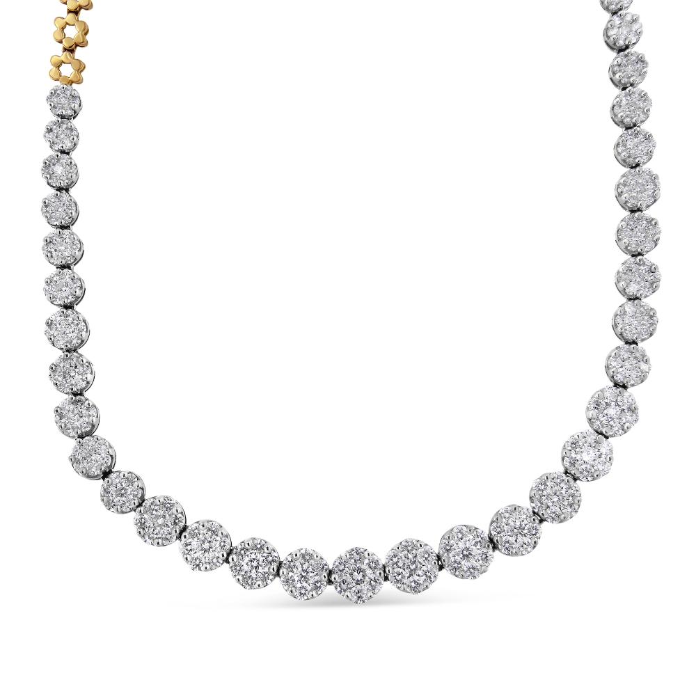 This gorgeous riviera statement necklace is created in the finest 14k yellow gold. Boasting a glamorous appearance, this beautiful piece is embellished with varying sized pave set round-cut diamonds. 14 3/4 cttw of natural diamonds sparkle from this