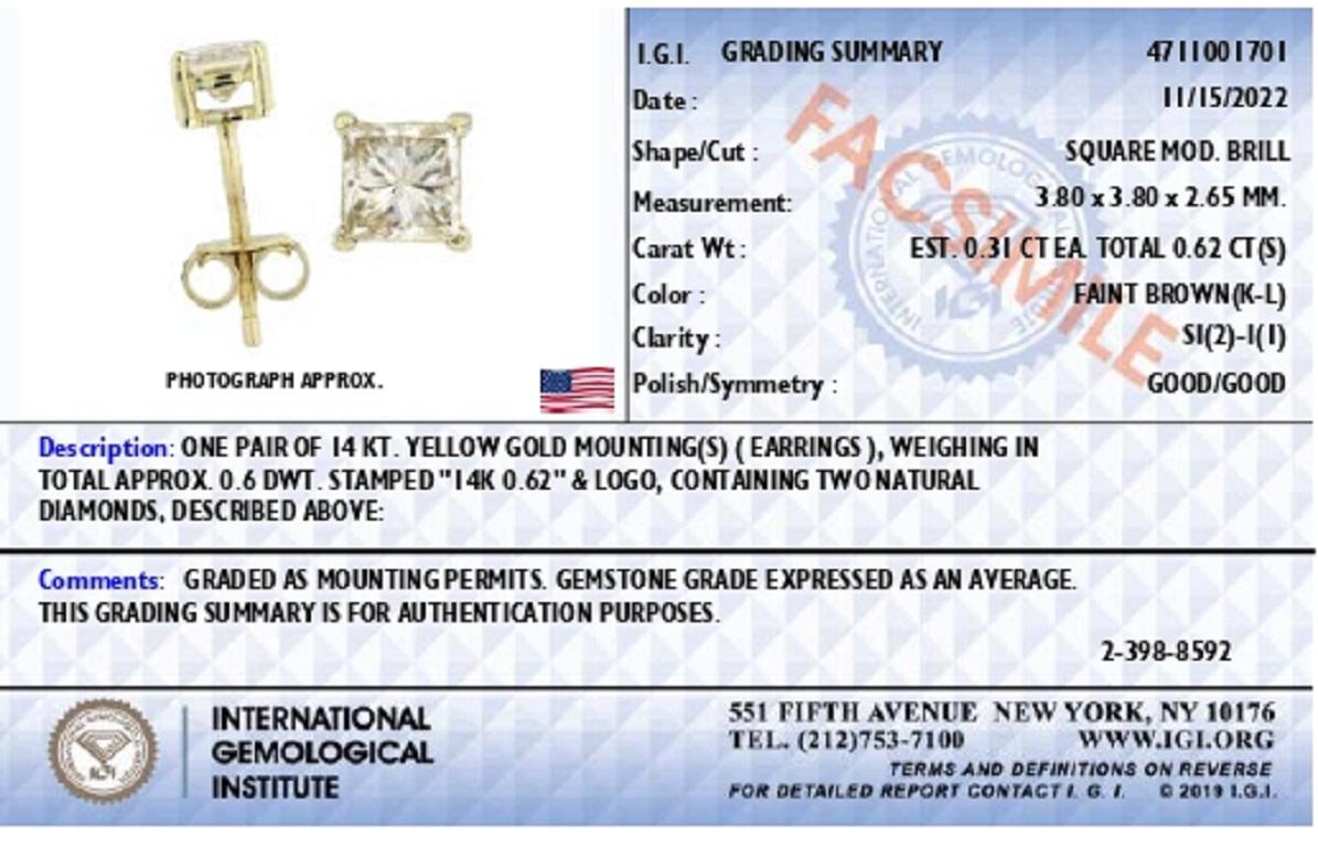 IGI zertifizierte 14K Gelbgold 5/8 Karat Prinzessin Diamant Classic Ohrstecker (Carréschliff) im Angebot