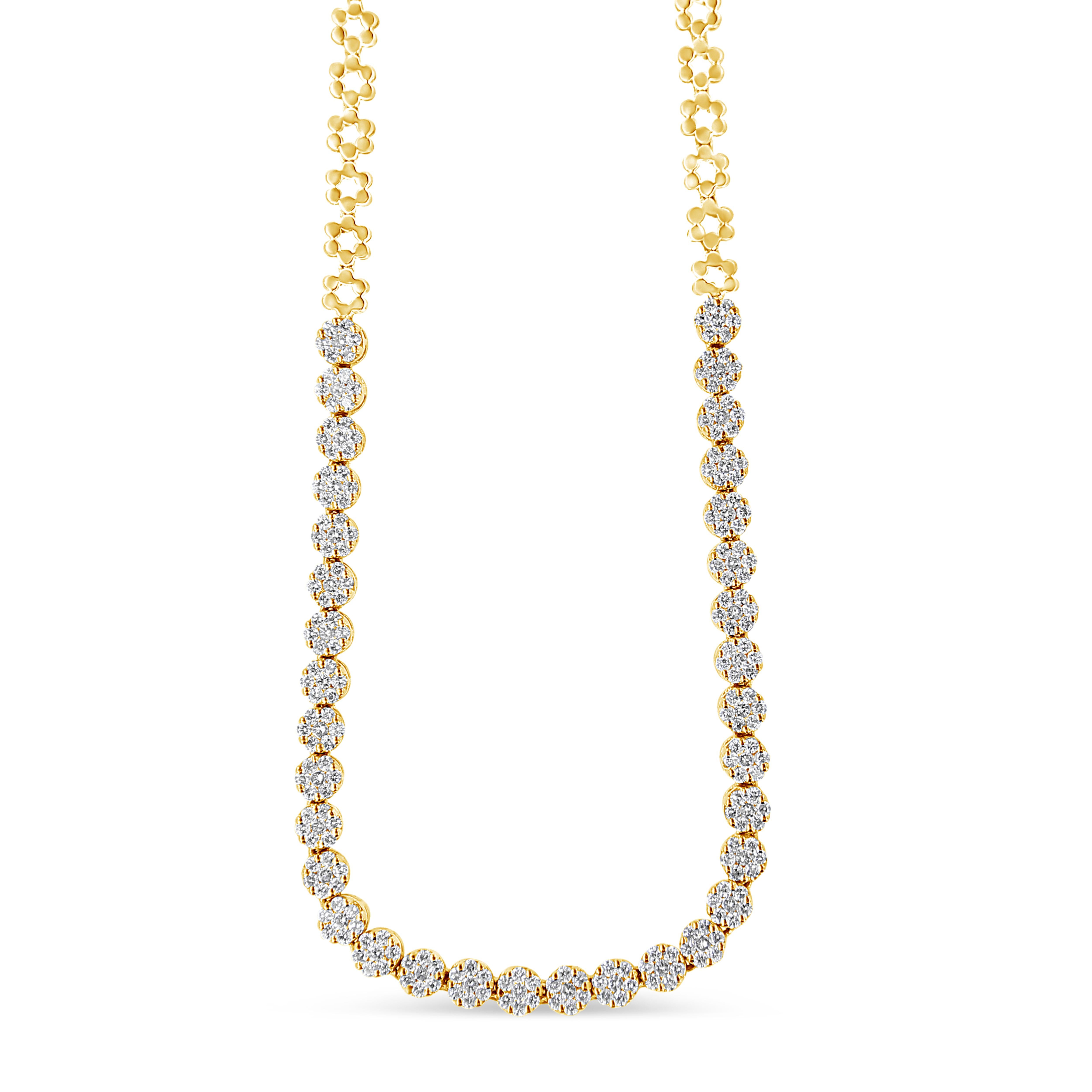 As elegant as it is dramatic, this dazzling Riviera diamond necklace elevates any attire. Expertly crafted in warm weaves of 14K yellow gold, this eye-catching design features flower-shaped clusters of shimmering round diamonds paired with polished