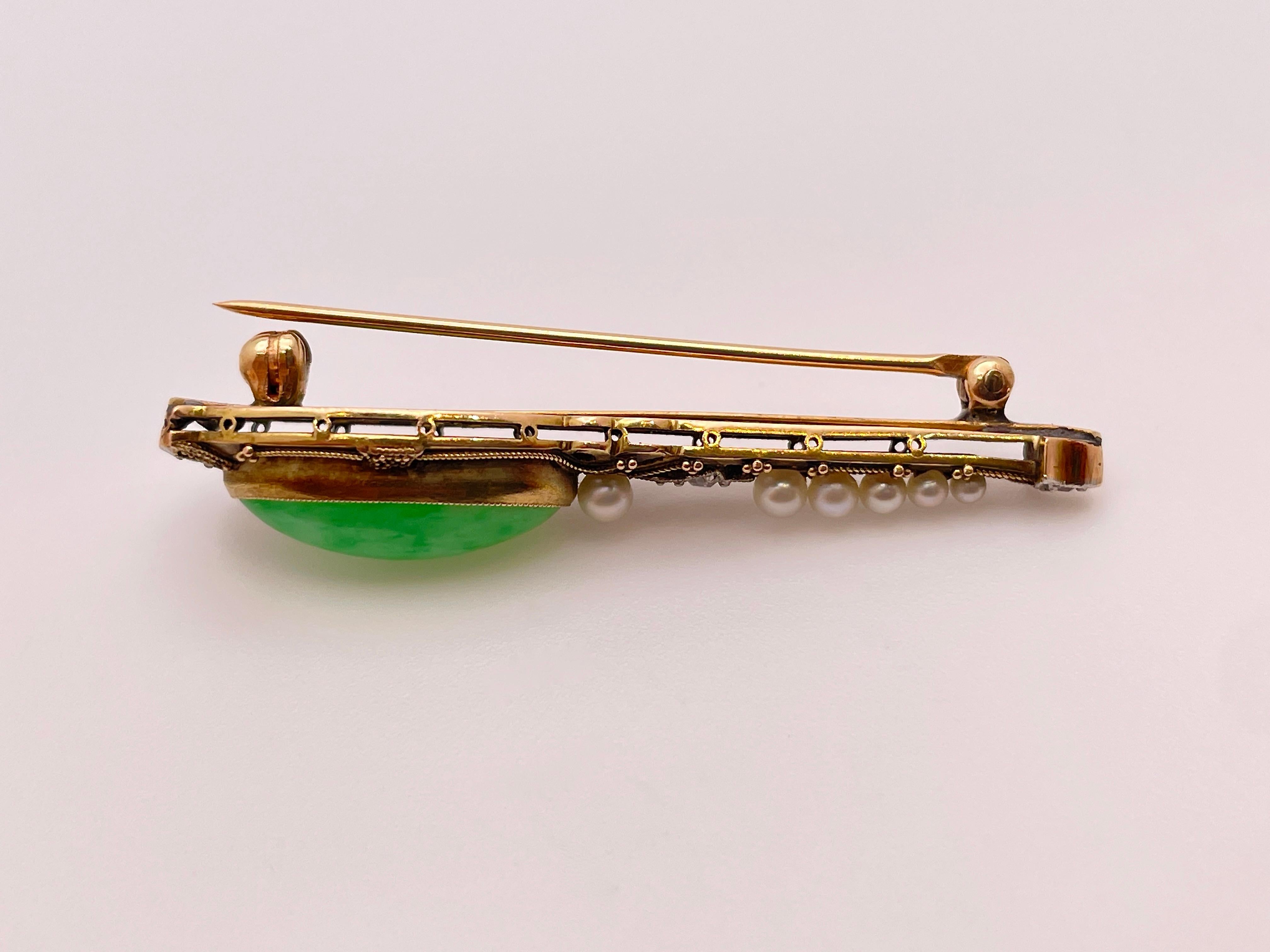 IGI Certified 14K Yellow Gold Jade Diamond Pearl Brooch Pin/Pendant For Sale 5
