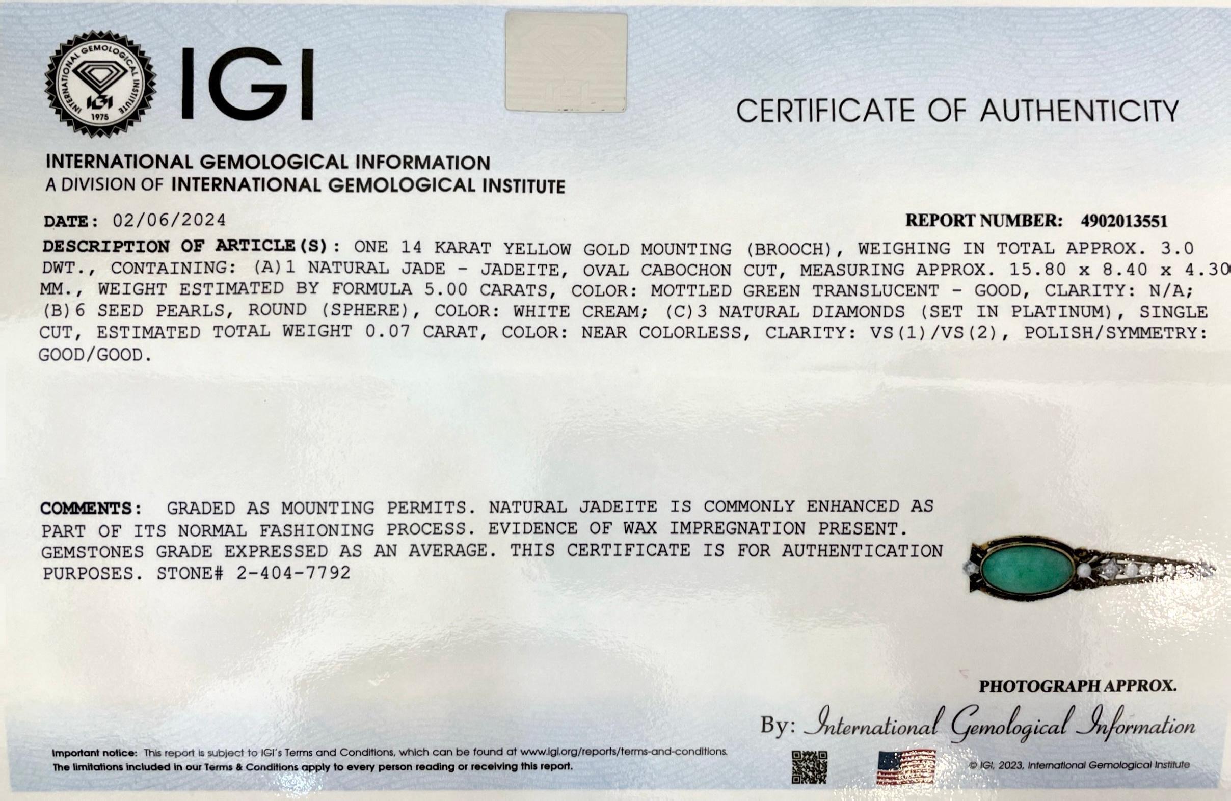 IGI Certified 14K Yellow Gold Jade Diamond Pearl Brooch Pin/Pendant For Sale 7