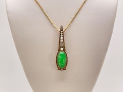 Victorian Jade Diamond Pearl 14K Yellow Gold Brooch Pendant Necklace