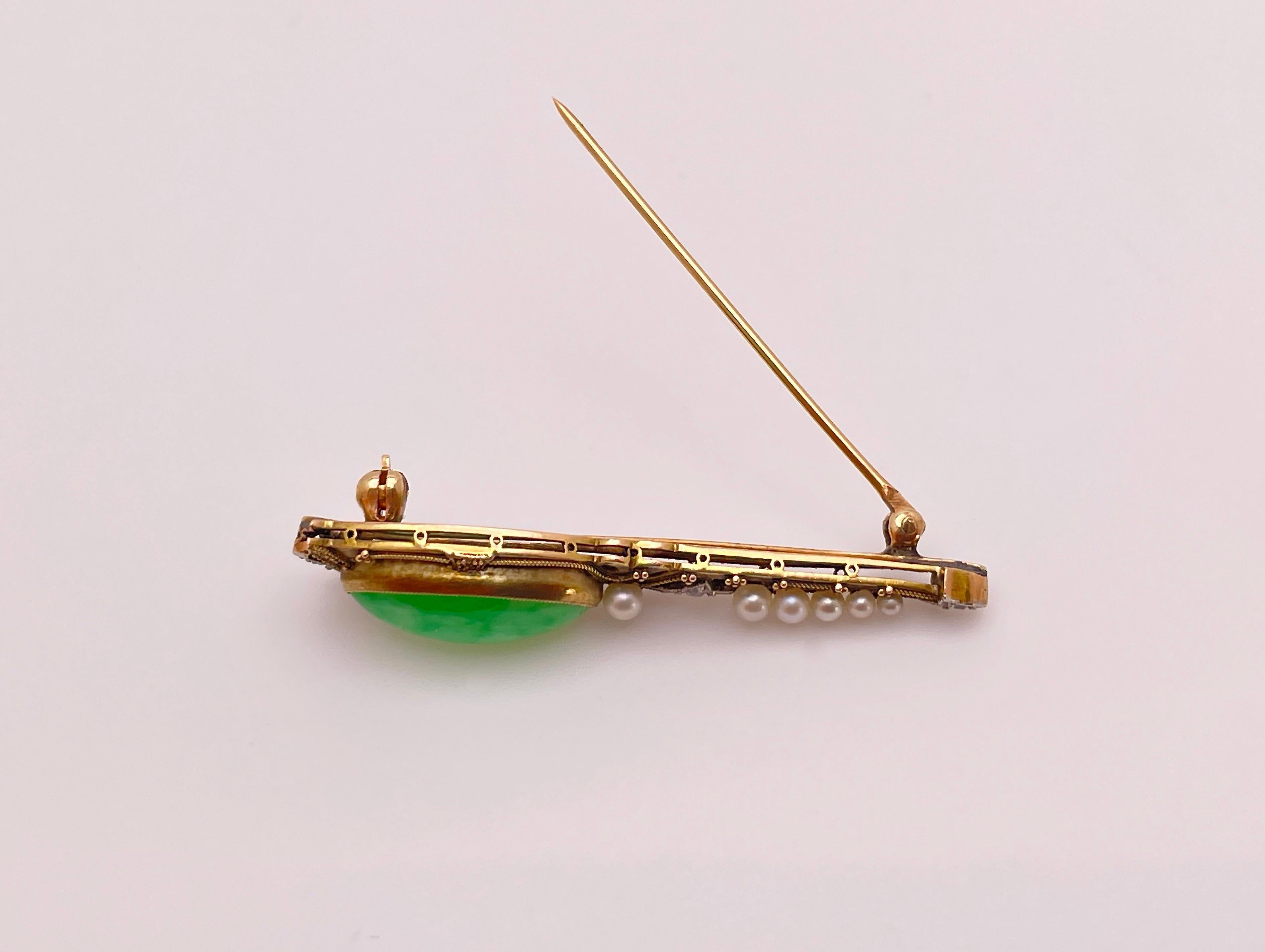 IGI Certified 14K Yellow Gold Jade Diamond Pearl Brooch Pin/Pendant For Sale 1