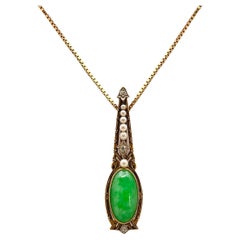 Broche/pendentif en or jaune 14 carats certifié IGI, avec jade, diamant et perle