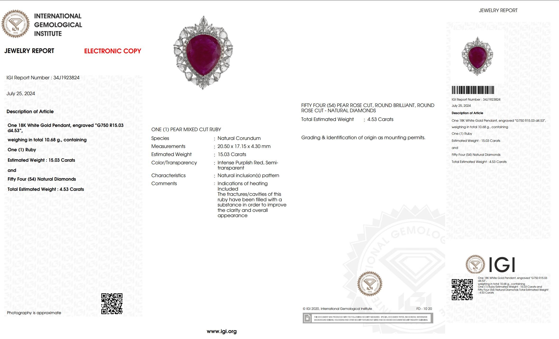 Ciondolo con rubino e diamante certificato IGI da 15,03 carati in oro bianco 18 carati in vendita 7