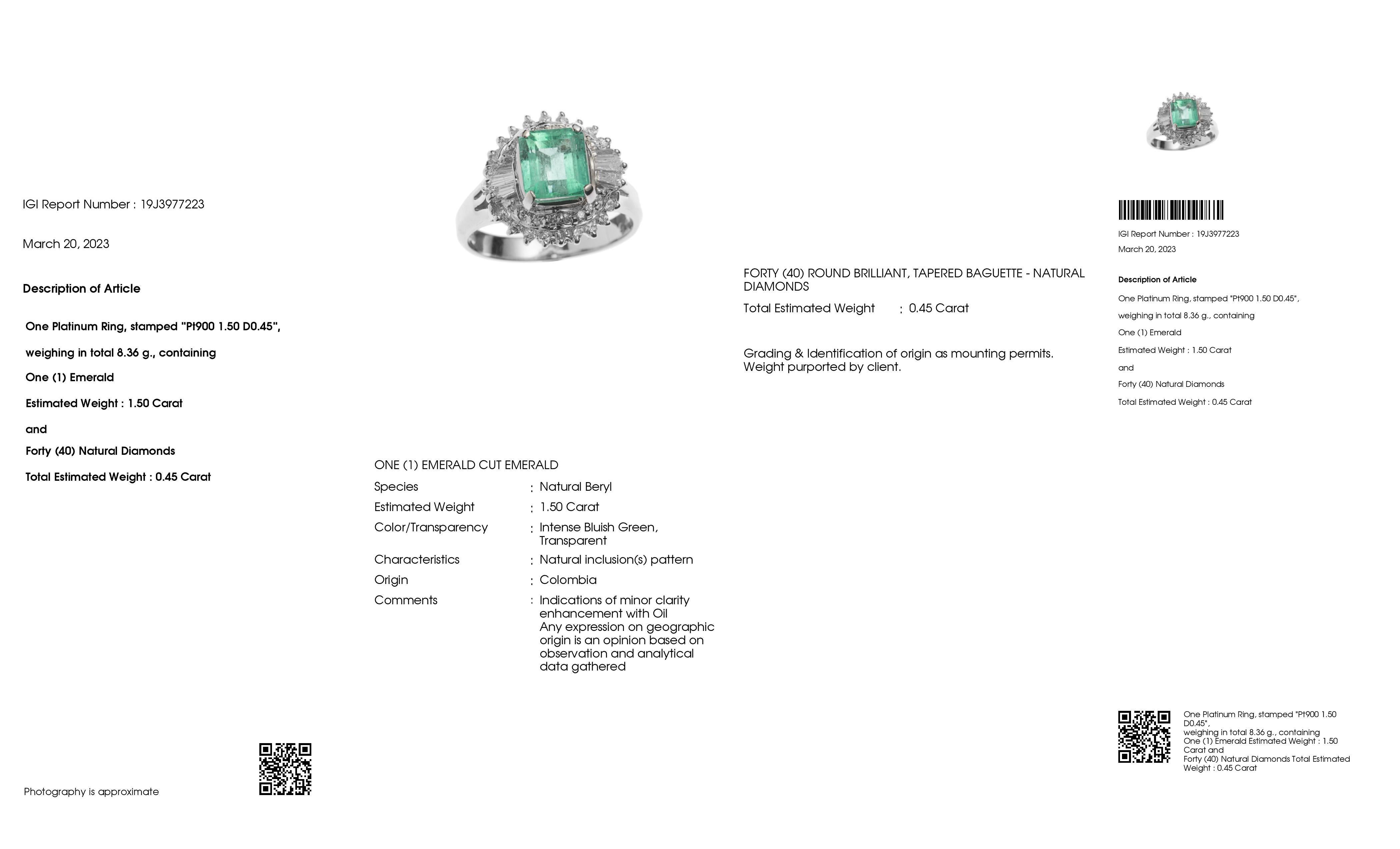 IGI Certified 1.50ct Colombian Emerald and 0.45ct Natural Diamonds Platinum Ring For Sale 2