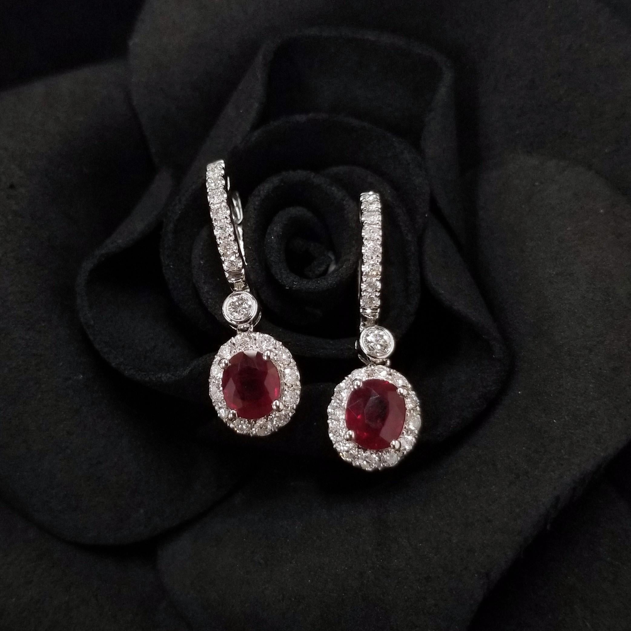 Modern IGI Certified 1.58 Carat Ruby & 0.44 Carat Diamond Earrings in 18K White Gold For Sale