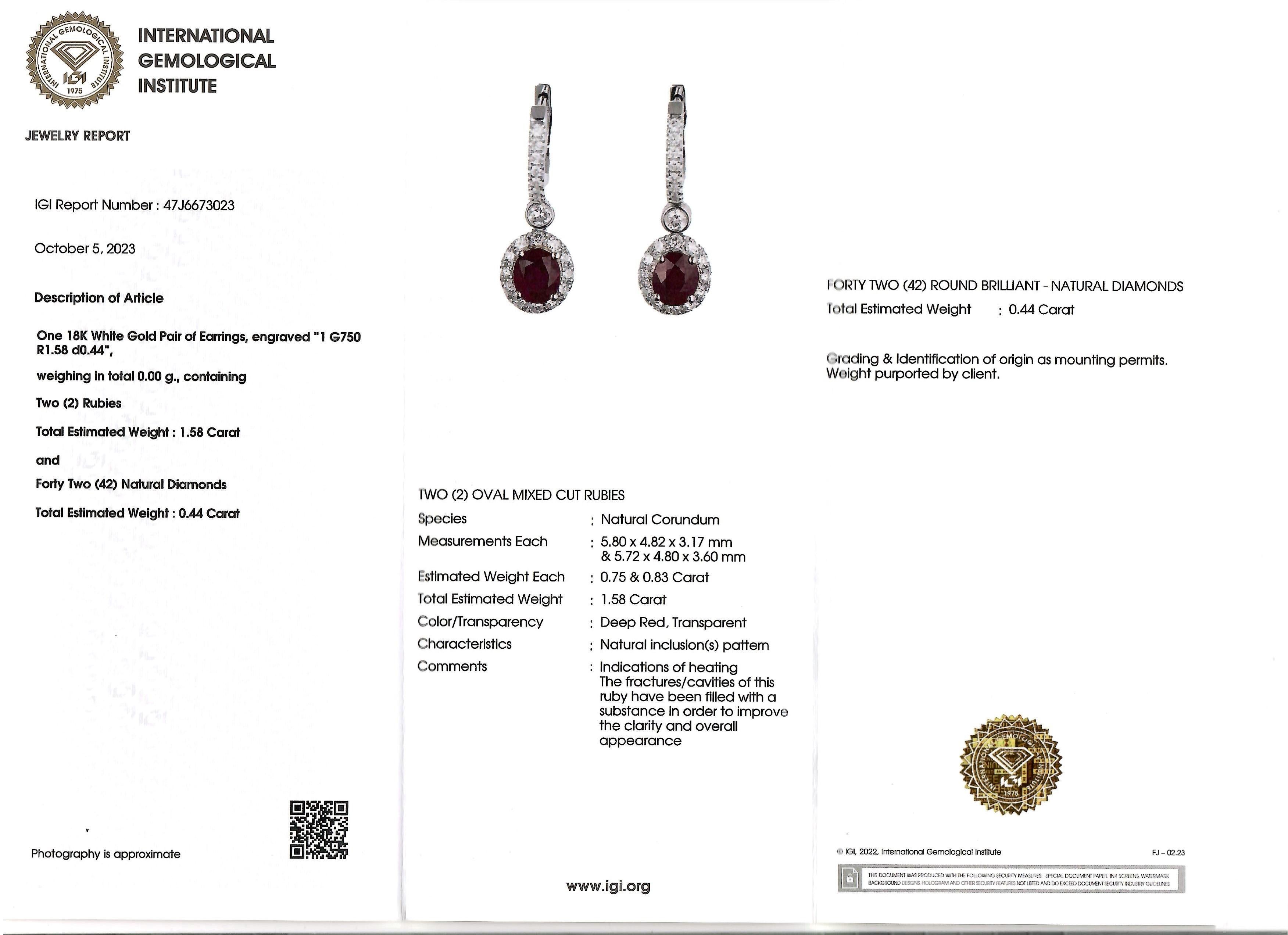 Women's or Men's IGI Certified 1.58 Carat Ruby & 0.44 Carat Diamond Earrings in 18K White Gold For Sale