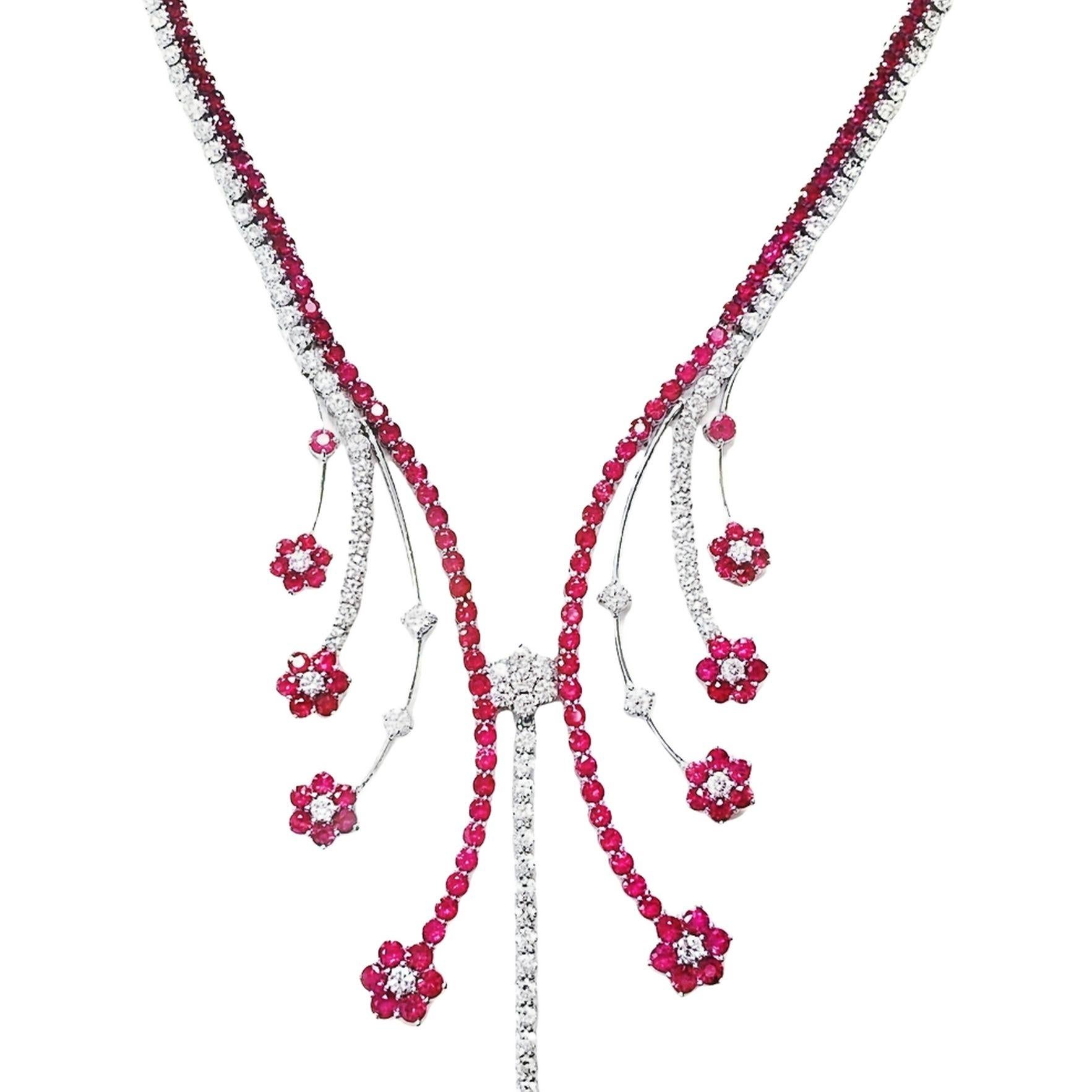 Prepare to be captivated by a majestic masterpiece necklace, featuring 152 Burma rubies with an intense purplish-red allure, elegantly accompanied by a breathtaking 9 carats of natural sparkling diamonds. This extraordinary creation is not just a