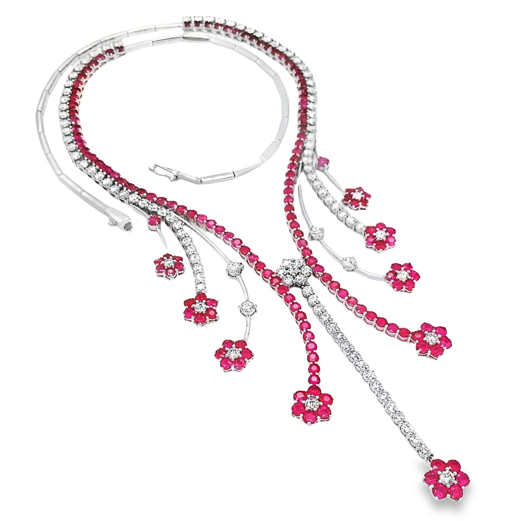 Round Cut IGI Certified 15.25ct Natural Rubies 9.00ct Diamonds 18K Gold Necklace For Sale